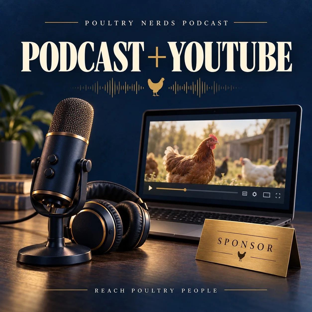 Poultry Nerds Podcast and YouTube sponsorship illustration with a microphone, headphones, and a chicken video on a laptop.