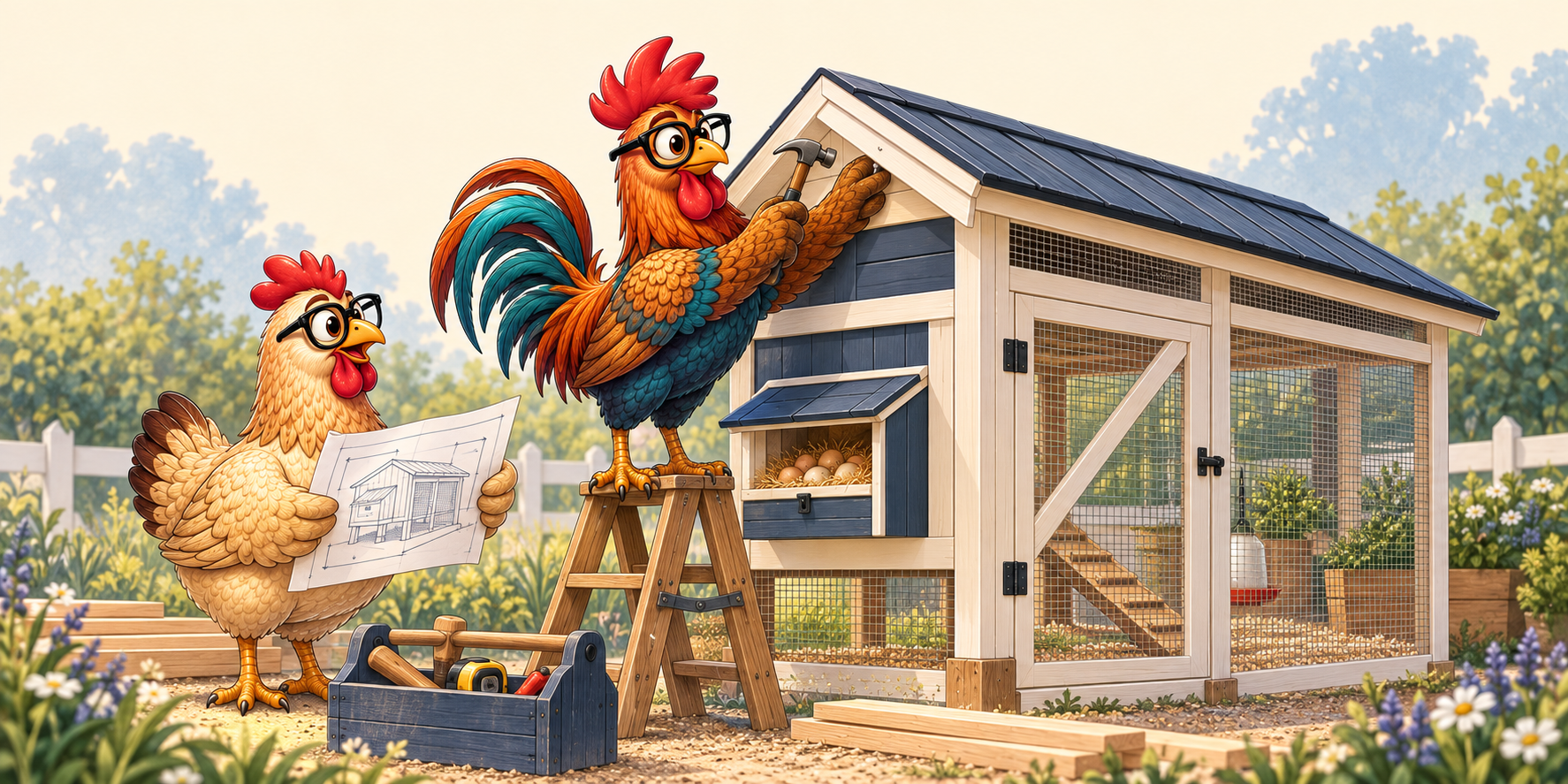 Poultry Nerds rooster and hen building a secure blue and cream chicken coop