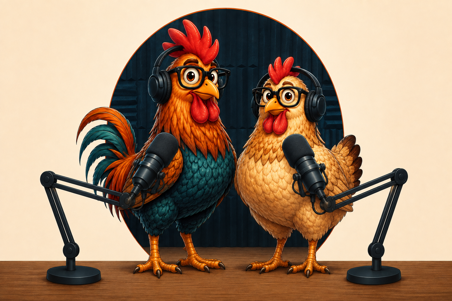 The Poultry Nerds logo birds recording a podcast together