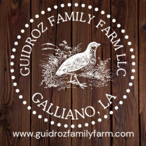 Logo of Guidroz Family Farm featuring a bird illustration, with text "Guidroz Family Farm LLC," "Galliano, LA," and website "www.guidrozfamilyfarm.com" on a wooden background.