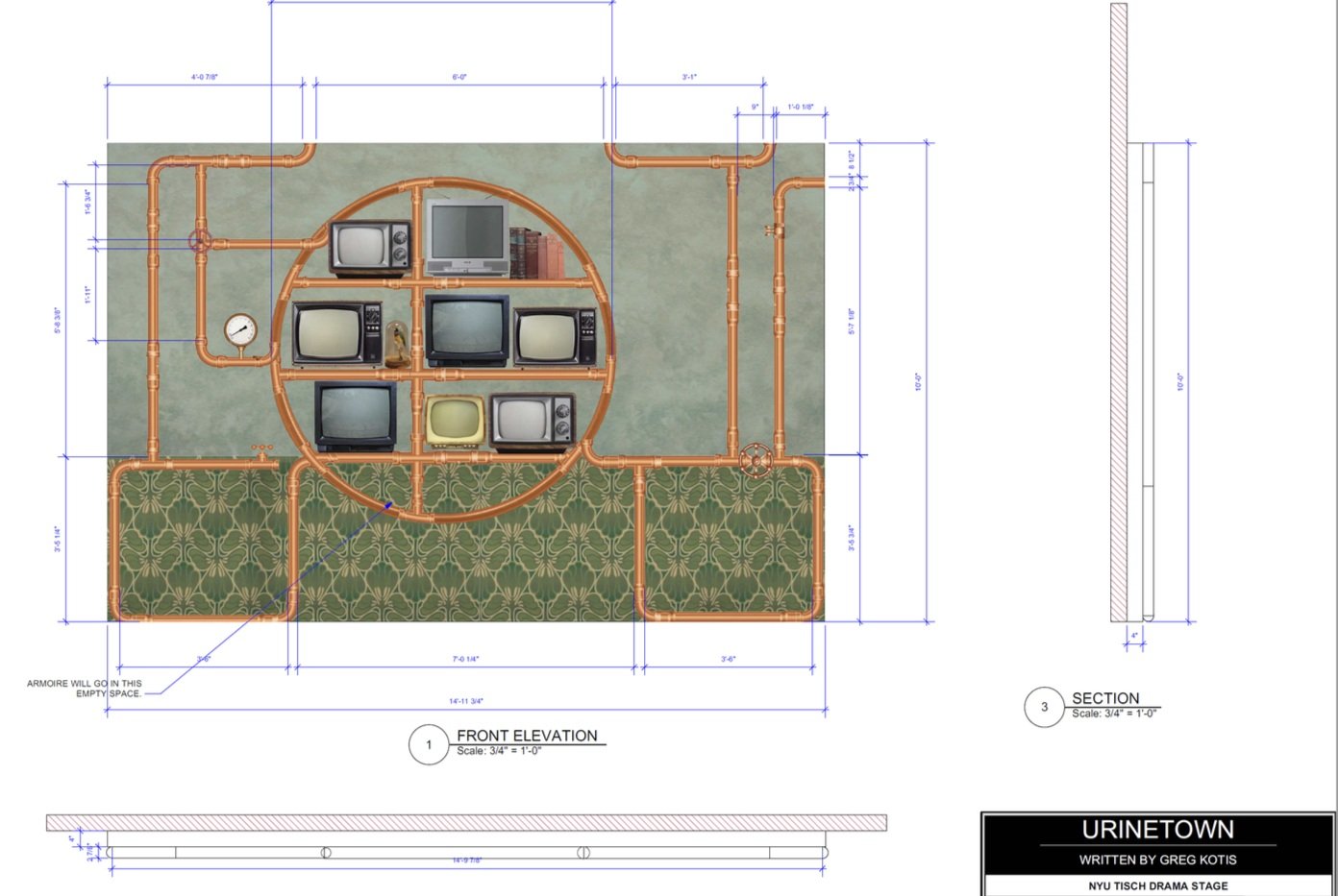 Surveillance wall elevation- old TVs with gold pipe shelving unit