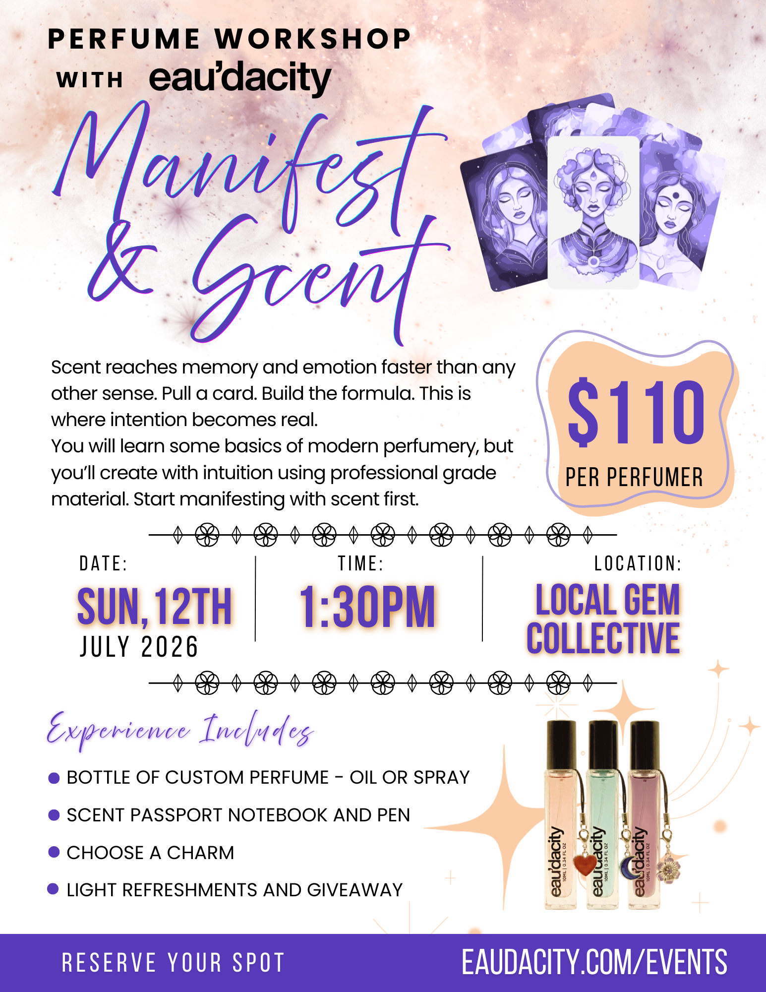 Event flyer for the Manifest & Scent perfume workshop with eau'dacity on Sunday, July 12, 1:30pm, $110 per person, featuring tarot-card style illustrations.