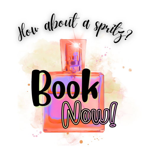 Colorful perfume bottle with a spray nozzle, surrounded by vibrant paint splashes, with the words "Book Now!" in bold and playful font.