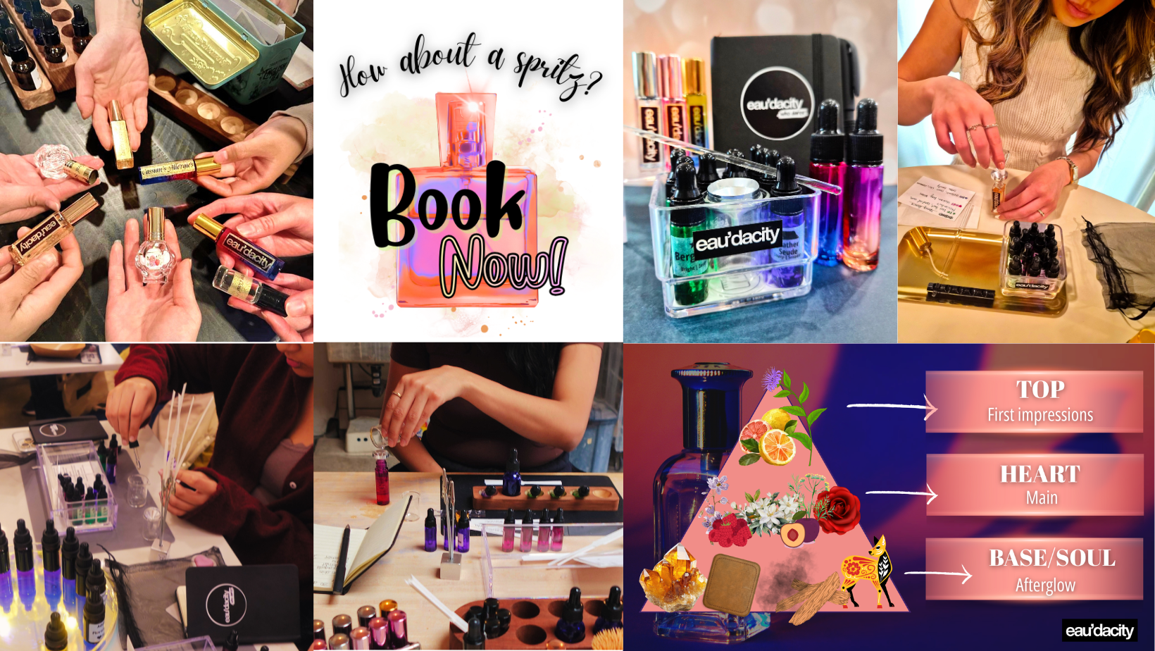 Collage of events with Eau'dacity