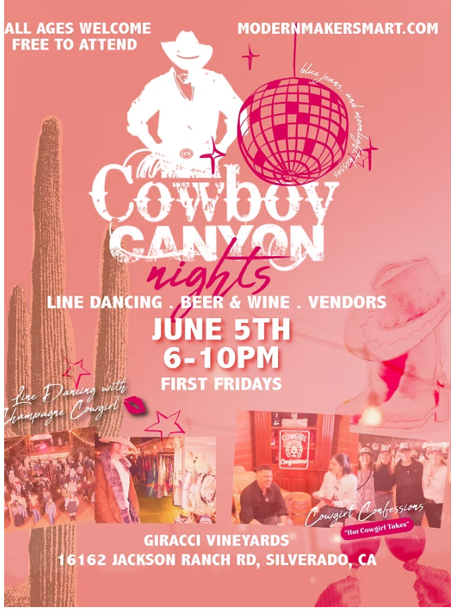Pink promotional poster for Cowboy Canyon Nights event. Features a white silhouette of a cowboy, a large disco ball, and images of line dancing, vendors, and crowd. Text includes event details like date, time, location, and activities such as line dancing, beer and wine, and vendor booths. Mentions first Fridays and live dancing with Champagne Cowgirl and Cowgirl Confessions.