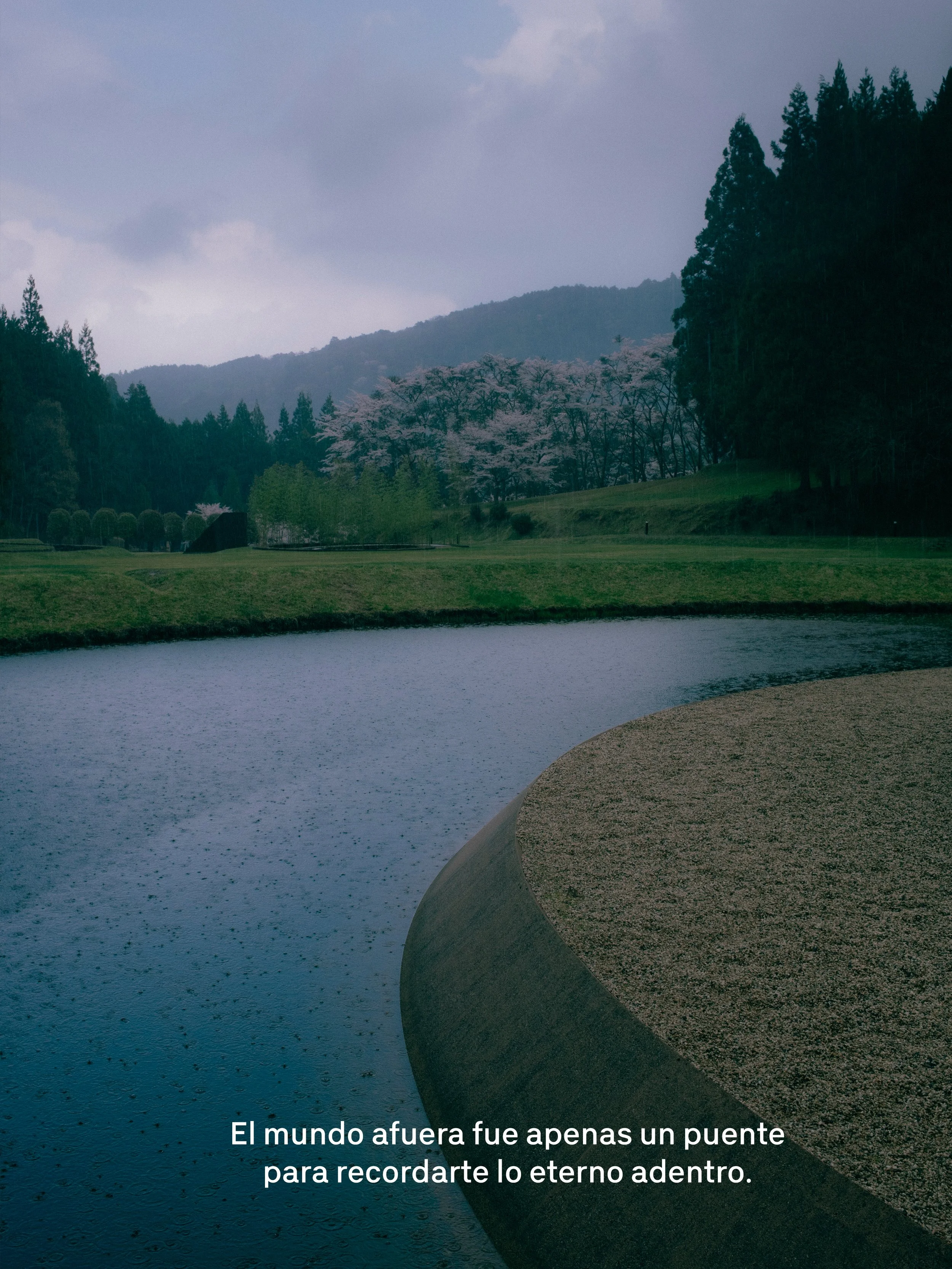 Paisaje natural con río, árboles y montañas al fondo en un día nublado. Texto en la imagen que dice: 'El mundo afuera fue apenas un puente para recordarte lo eterno adentro.'