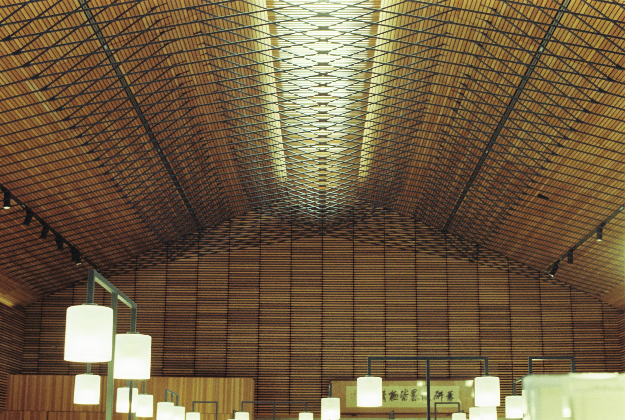 Techo de madera con estructura metálica en forma de enlace, con lámparas blancas colgantes.