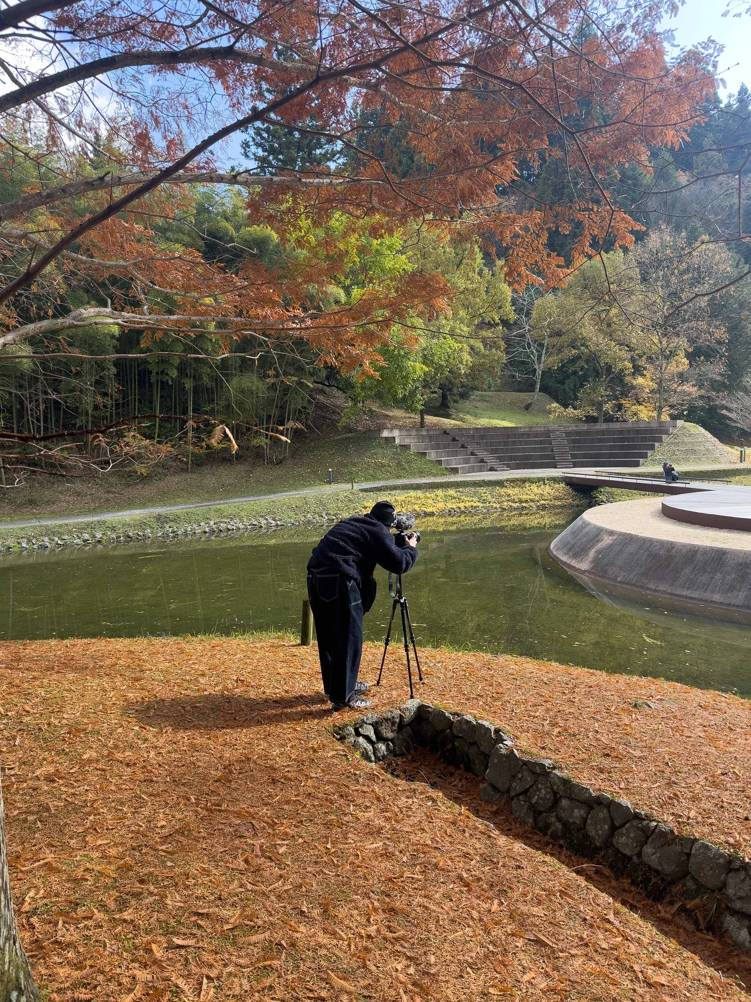 Persona tomando fotografías en un parque con árboles de hojas otoñales, un estanque y escaleras en el fondo, durante un día soleado.