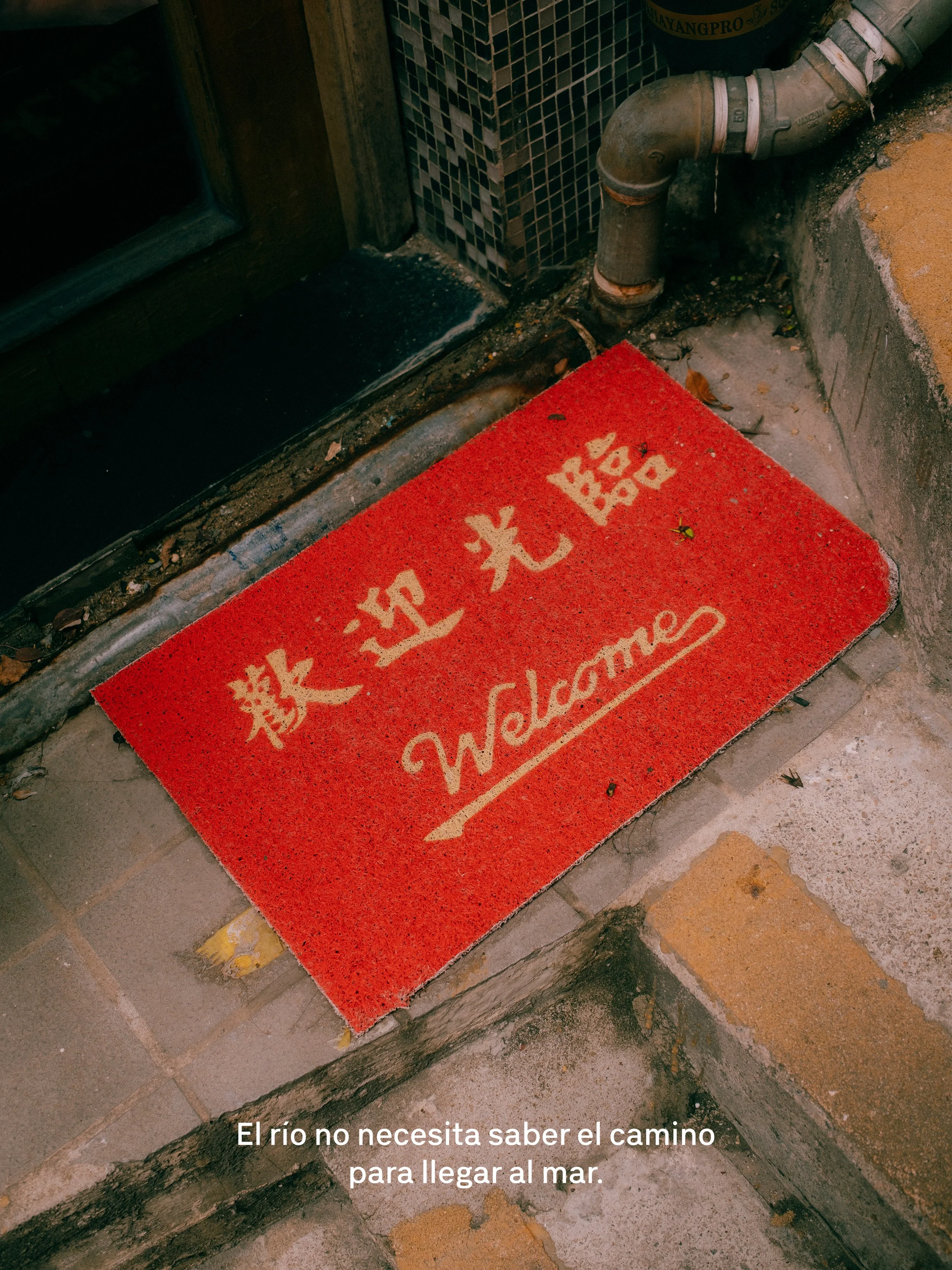 Una alfombra roja con letras en japonés y en inglés, ubicada en la entrada de un establecimiento, justo frente a unas baldosas de cerámica rota y un tubo de desagüe oxidado, en un entorno exterior con piso de ladrillos y manchas de suciedad.