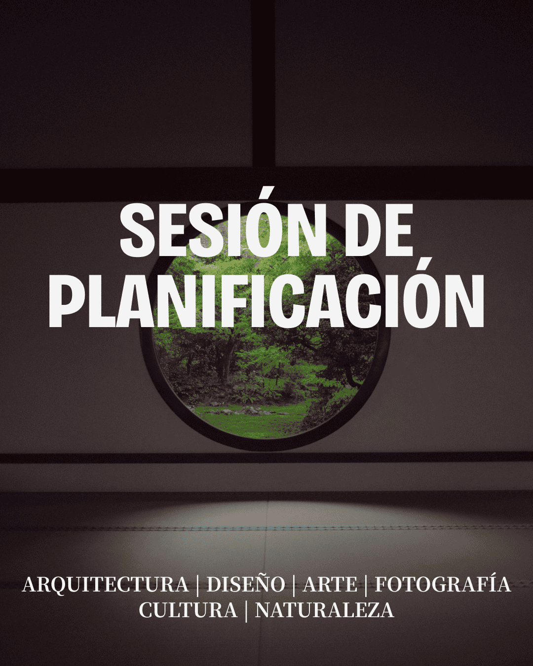 Cartel que dice "Sesión de Planificación" con una vista de un paisaje natural a través de una ventana circular.
