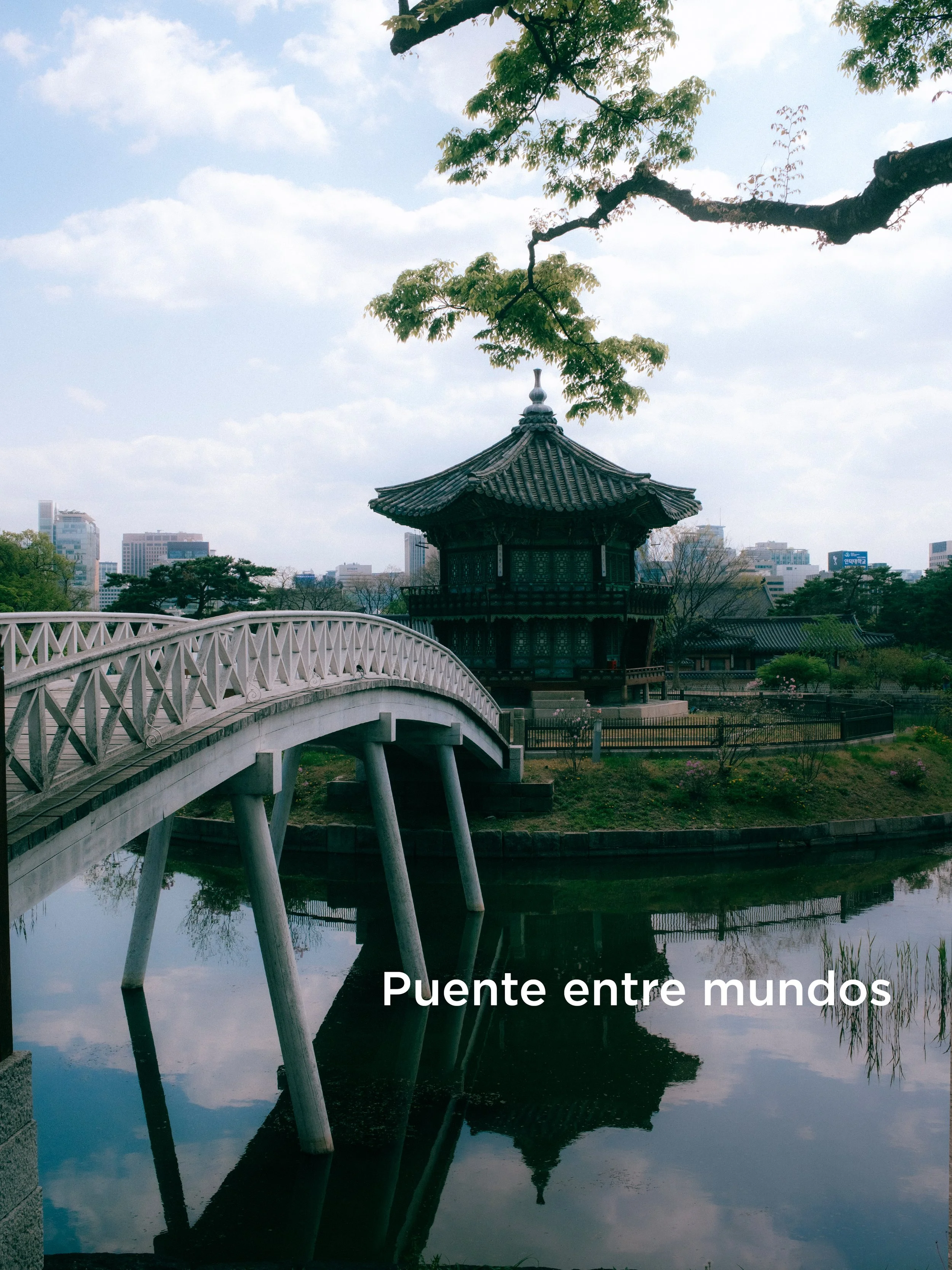 Puente de estilo tradicional japonés sobre un río con un pabellón encima y árboles a su alrededor, reflejándose en el agua.