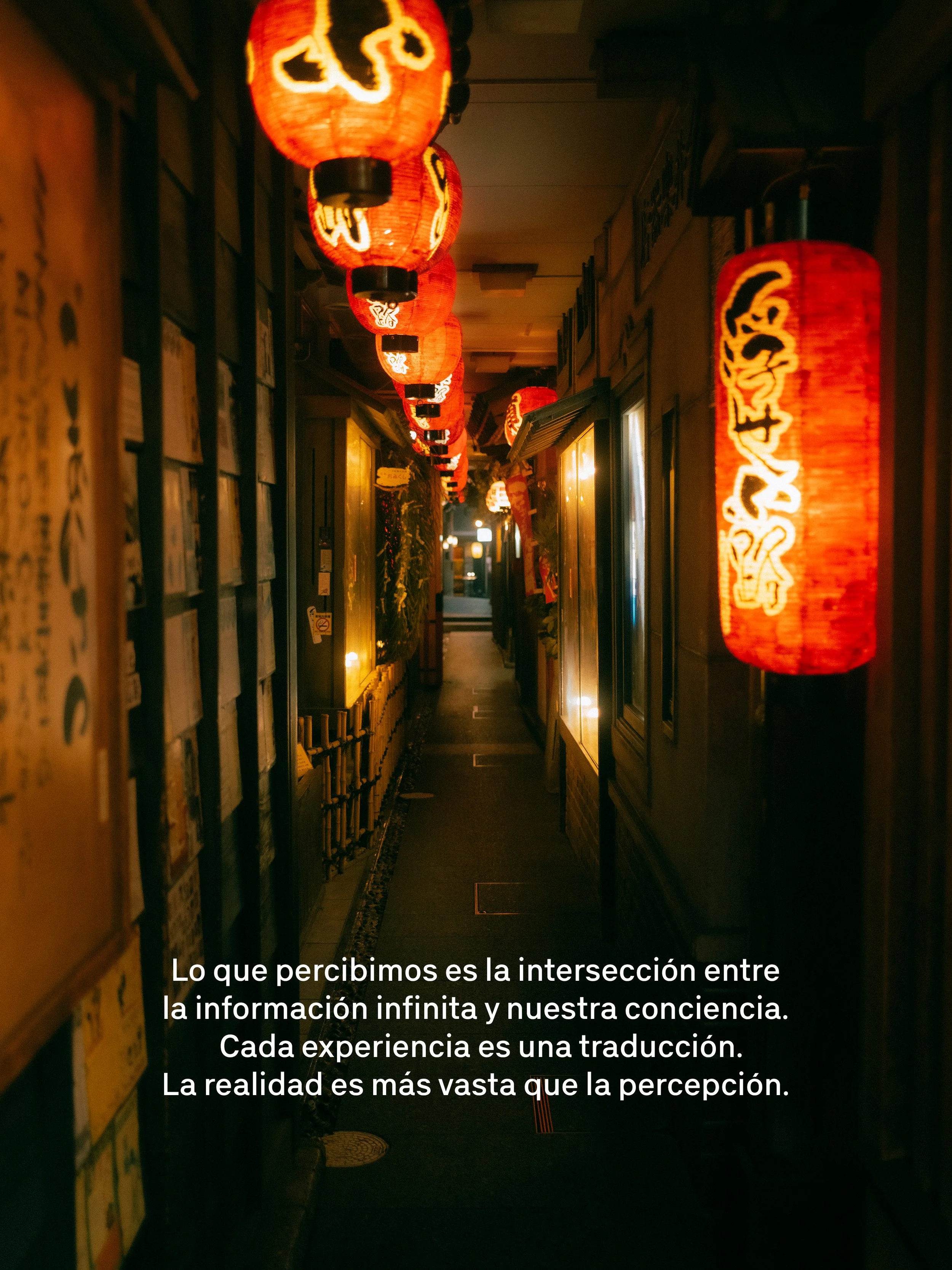 Pasillo con linternas japonesas rojas colgadas en el techo y una pared con palabras en letreros, en un ambiente con poca luz y una sensación de profundidad.
