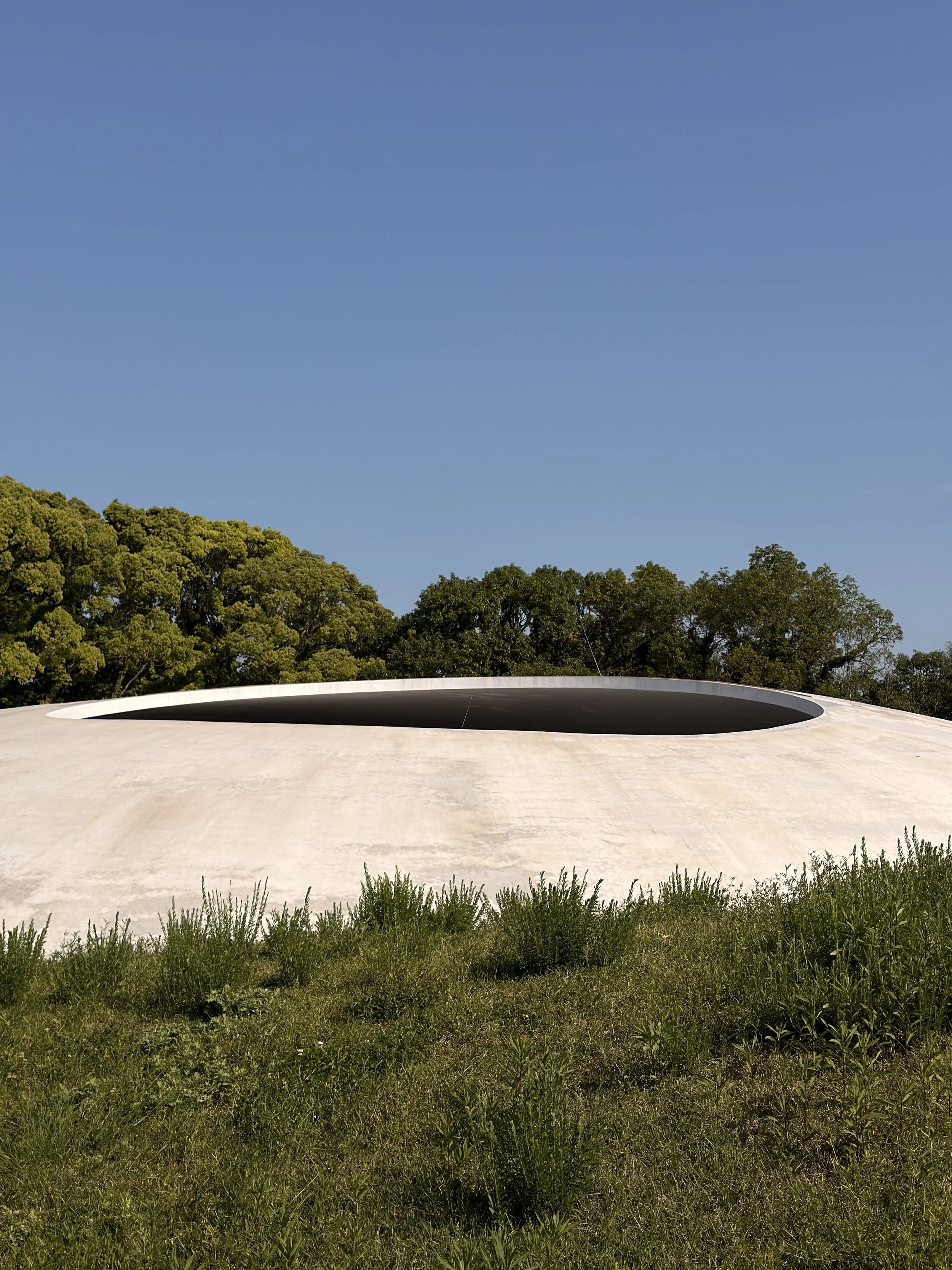 Edificio moderno con forma circular y un gran agujero en el centro, rodeado de árboles y vegetación, bajo un cielo despejado.