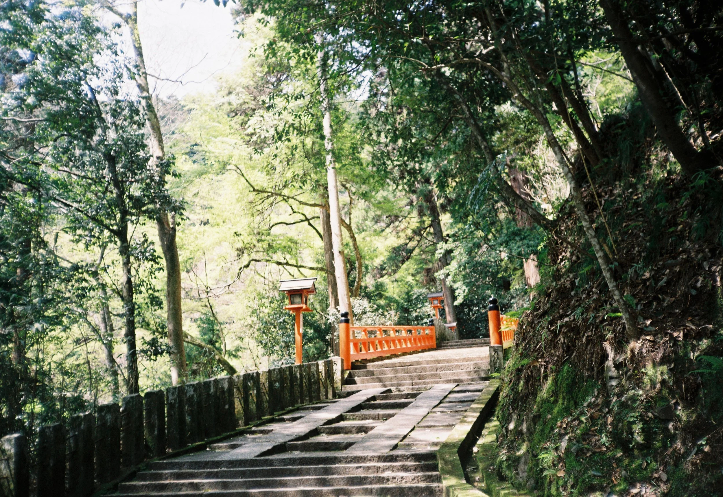 Sendero de piedra rodeado de árboles y vegetación, con faroles naranjas y una barandilla en un entorno natural.