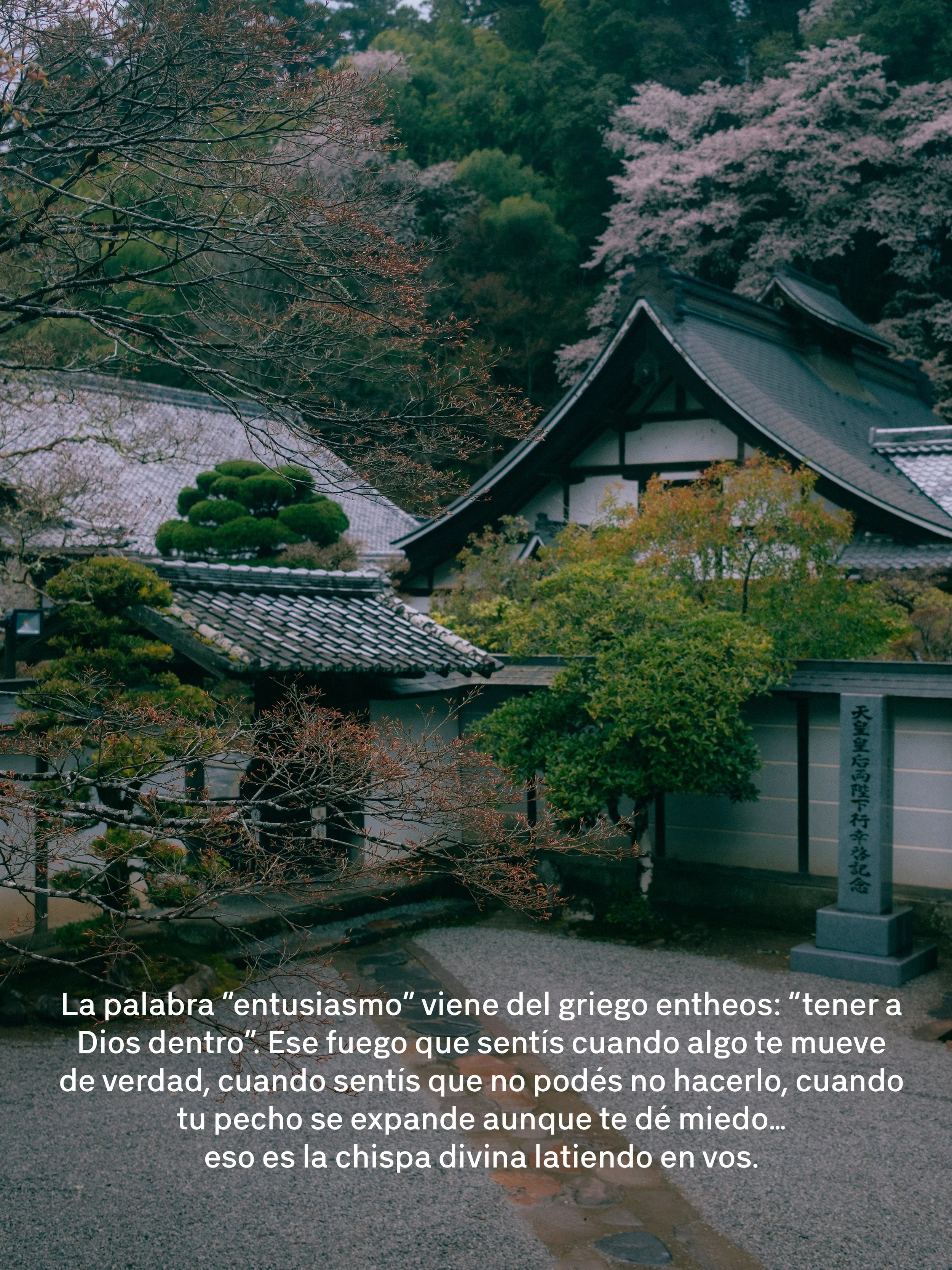 Paisaje de un templo tradicional japonés rodeado de árboles en primavera, con flores de cerezo en flor y un camino de piedra.