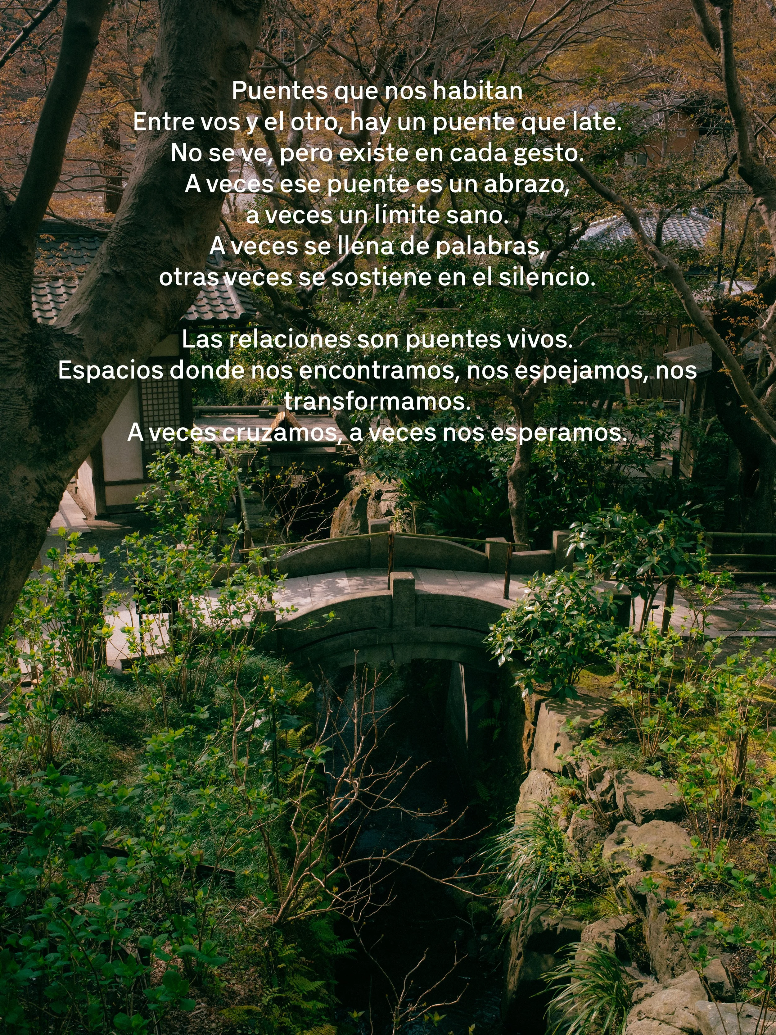 Un puente pequeño sobre un arroyo rodeado de vegetación y árboles con hojas otoñales. En el fondo, tejados de casas y árboles.