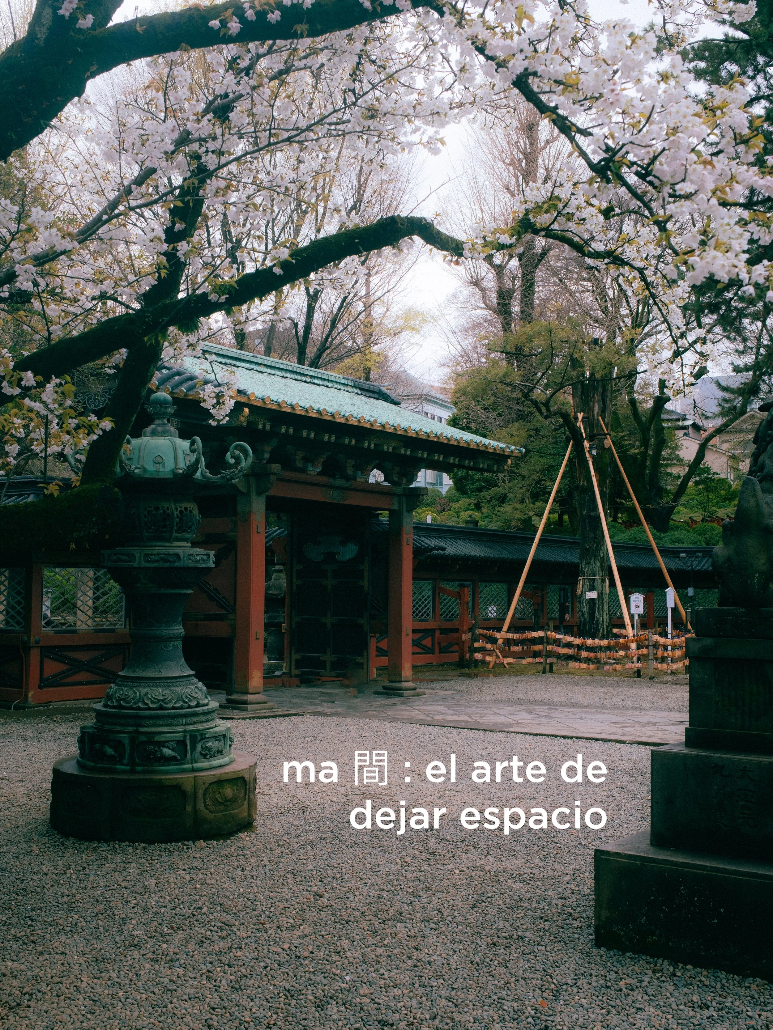 Jardín con árboles en flor, estructura tradicional japonesa y suelo cubierto de pequeñas piedras. Texto en español: "el arte de dejar espacio".