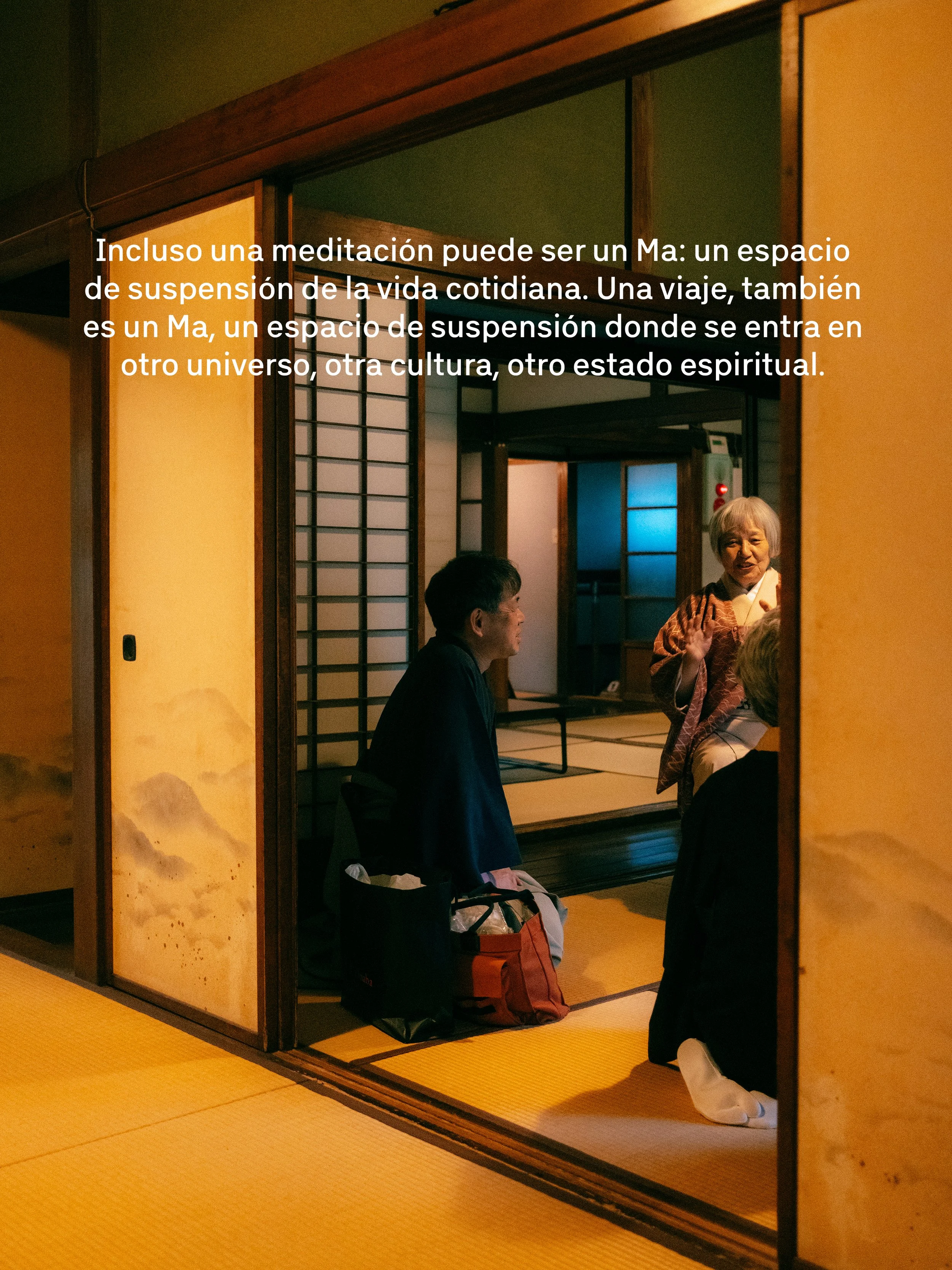 Personas en una habitación de estilo tradicional japonés, con tatami, compartiendo una conversación. Una mujer mayor con camisa de kimono y otras personas sentadas en el suelo.