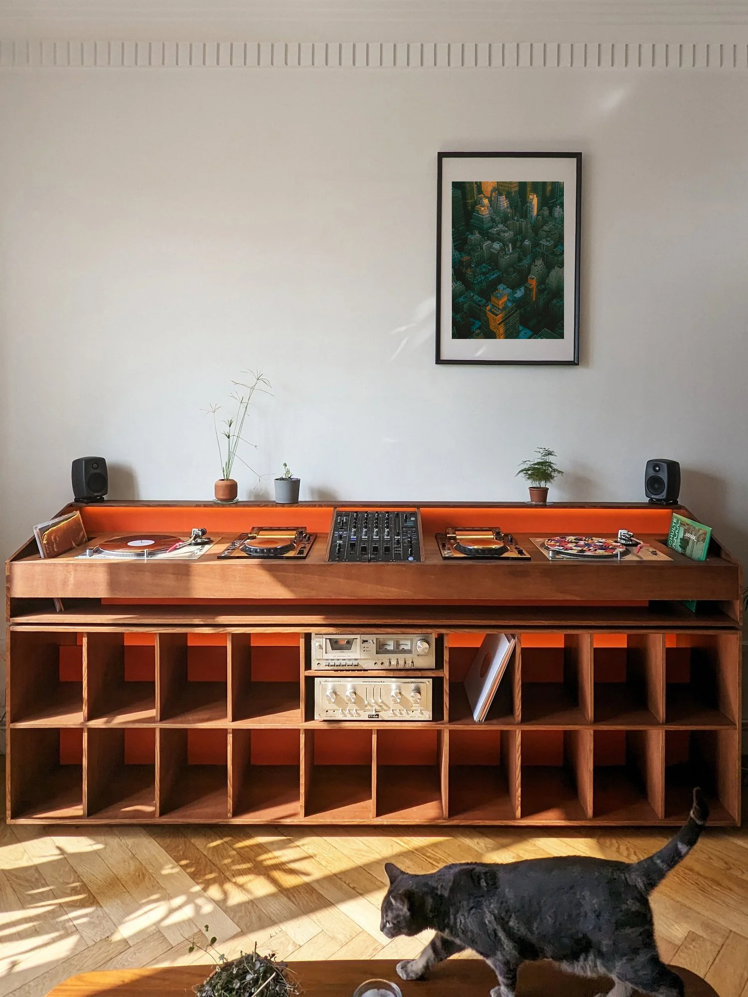 Un mueble de madera con sistema de sonido y discos de vinilo, decorado con plantas en la parte superior, con una pared blanca y un cuadro de una ciudad en la pared, y una gata negra caminando en el suelo de madera.