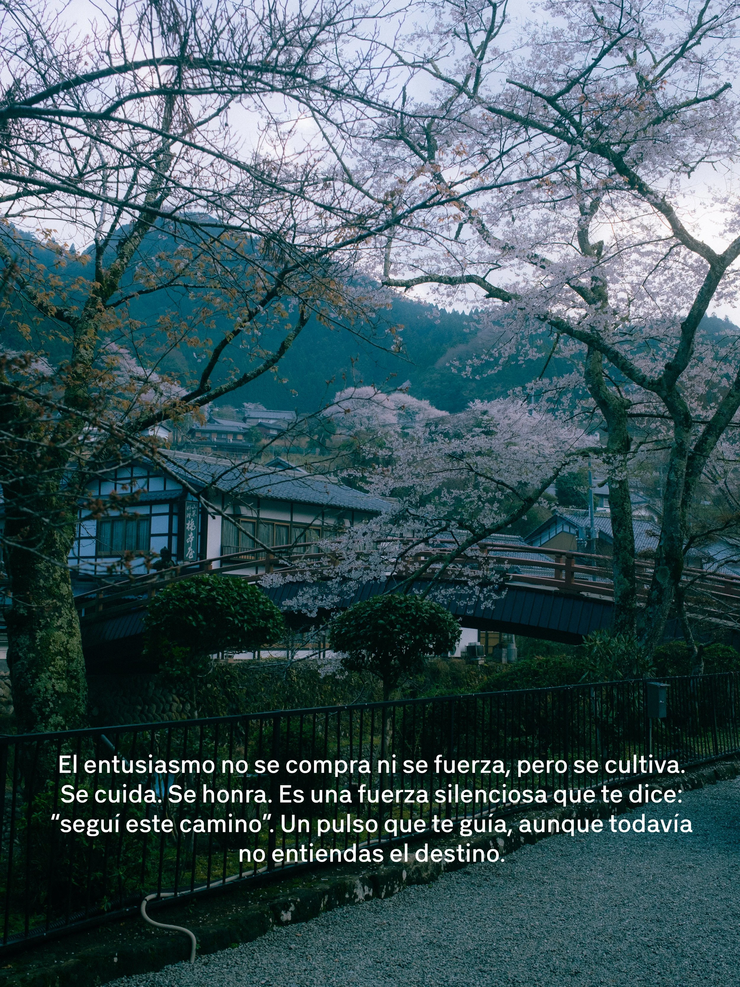Escena de un paisaje con árboles en flor en un pueblo, montañas al fondo, y una estructura de puente o pasarela. Texto superpuesto que expresa un mensaje filosófico sobre la naturaleza y el crecimiento.