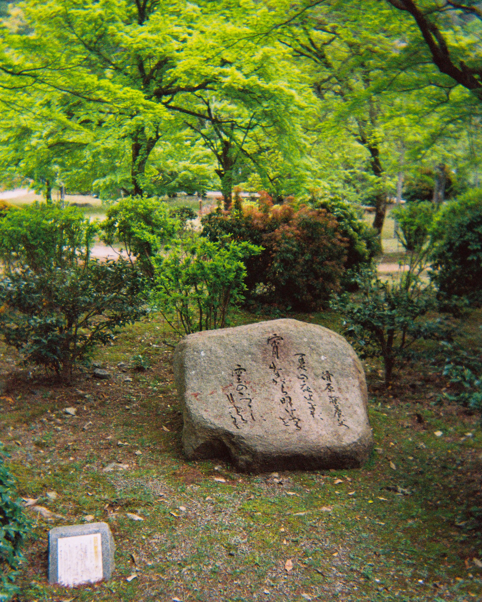 Una piedra con inscripciones en un parque con árboles y arbustos.