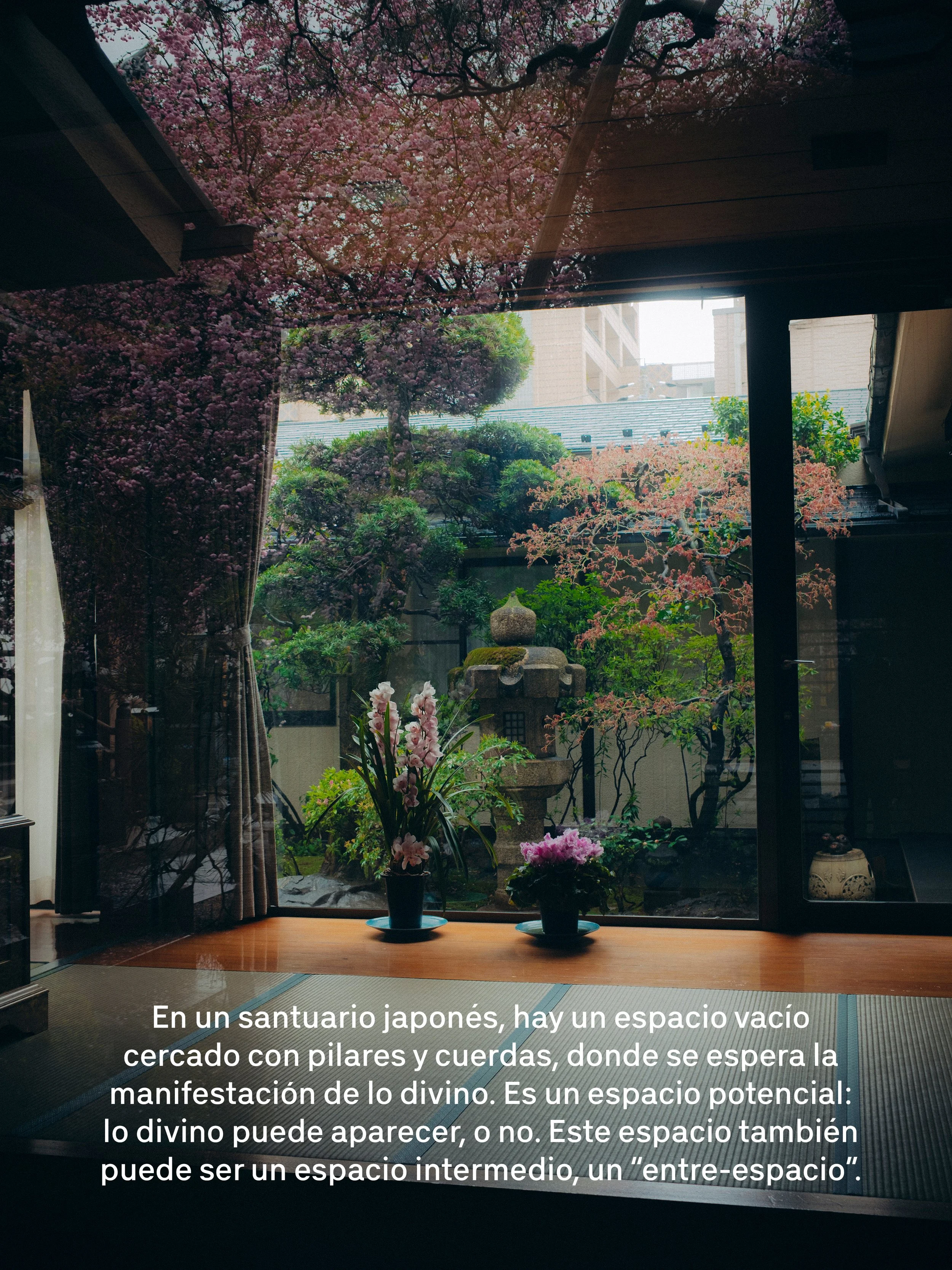 Vista de un jardín japonés con árboles en flor, plantas verdes y una fuente. La imagen se observa desde el interior de una casa, a través de una ventana grande. En la parte inferior de la imagen hay texto que describe el espacio y su significado espiritual.