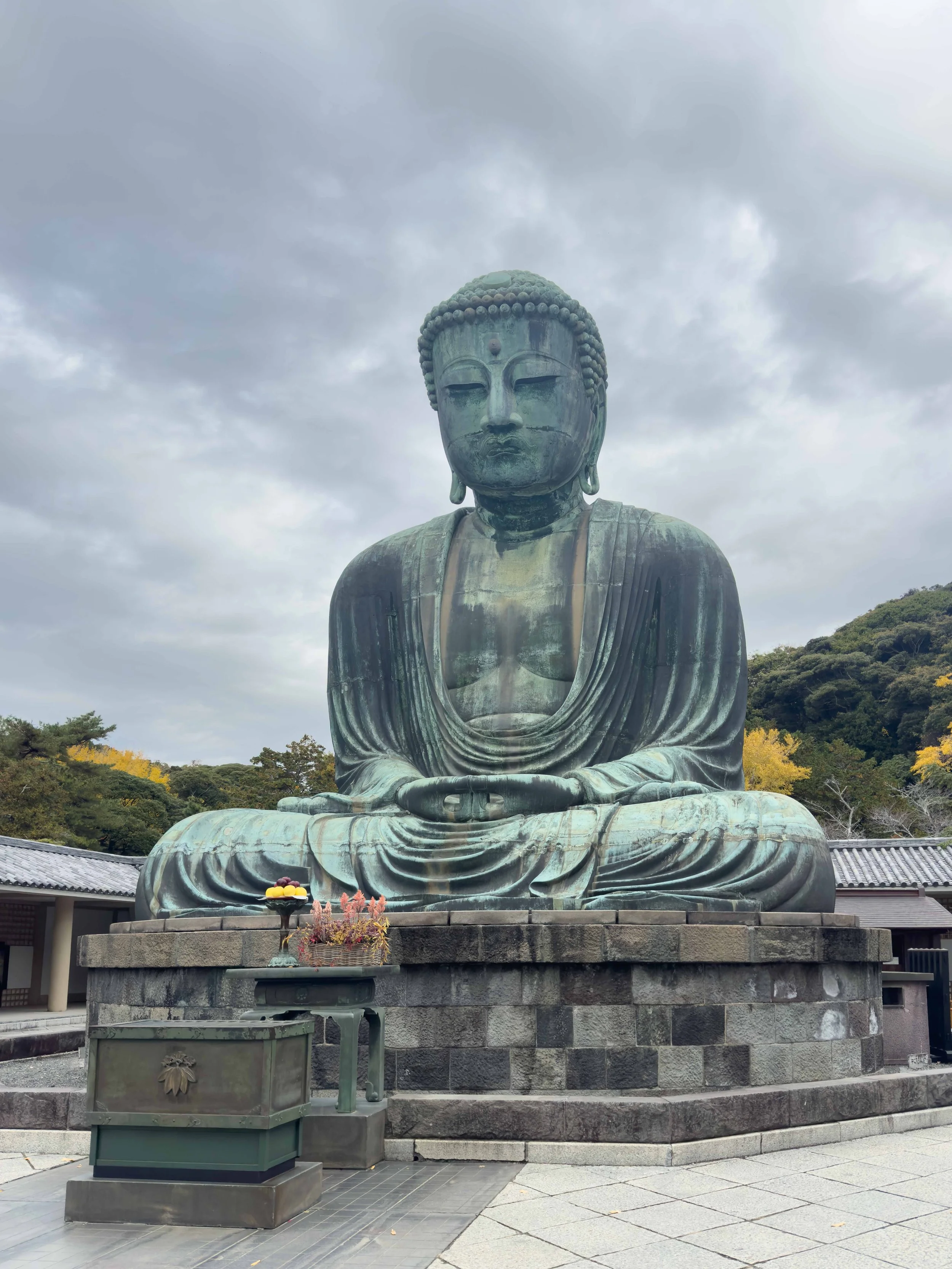 Gran estatua de Buda sentado en un jardín con árboles y un cielo nublado.