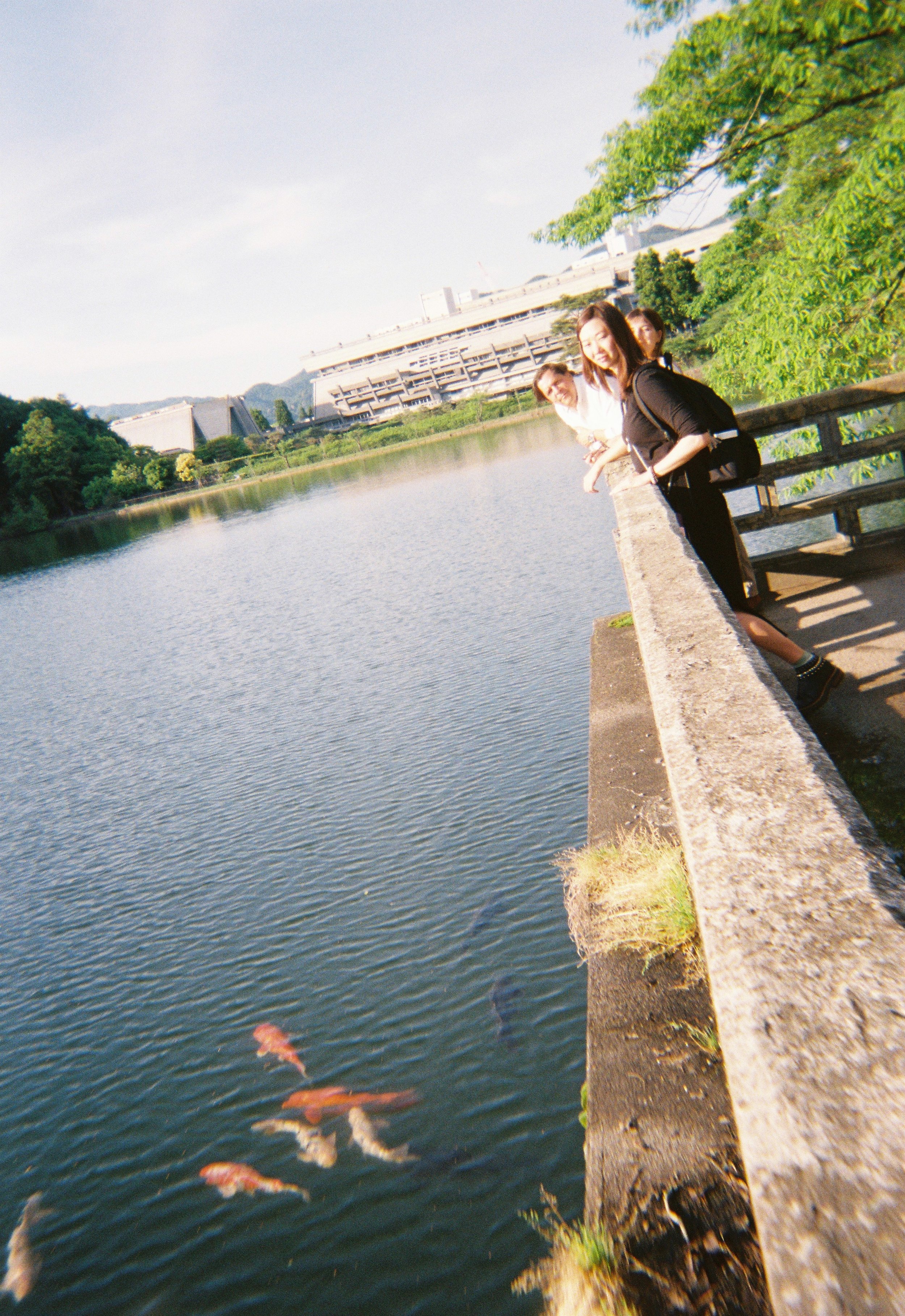 Personas en un muelle junto a un lago, con edificios y árboles al fondo, y peces nadando en el agua.