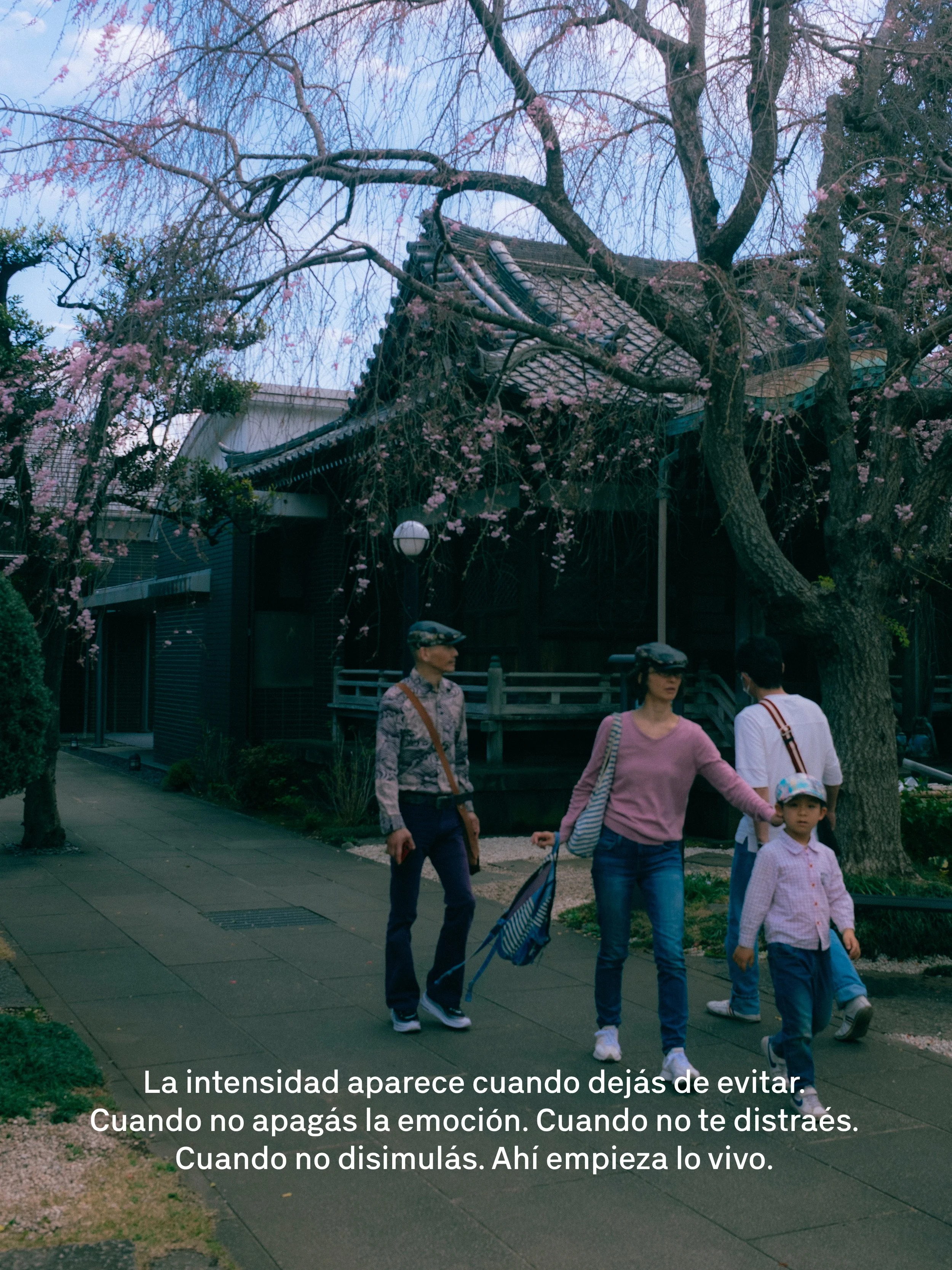 Personas caminando por un parque con árboles en flor y una estructura tradicional japonesa en el fondo. Texto en la imagen dice: 'La intensidad aparece cuando dejas de evitar. Cuando no apagas la emoción. Cuando no te distraés. Cuando no disimulas. Ahí empieza lo vivo.'