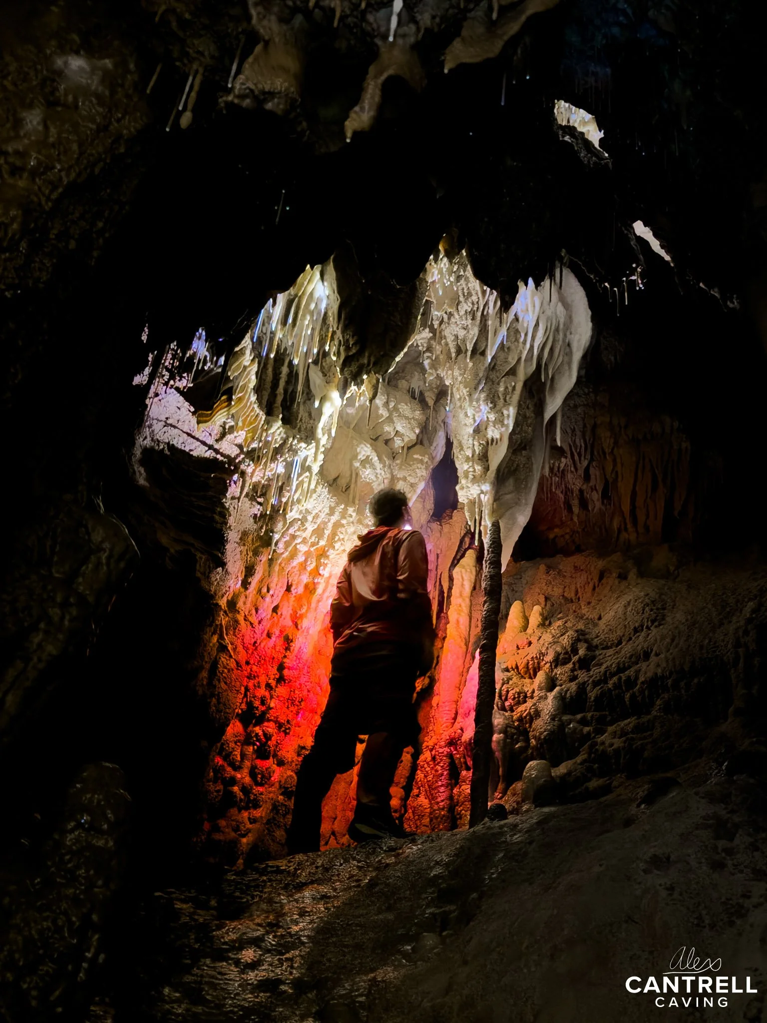 Person exploring a cave with illuminated stalactites and stalagmites, in a dark cavern setting.