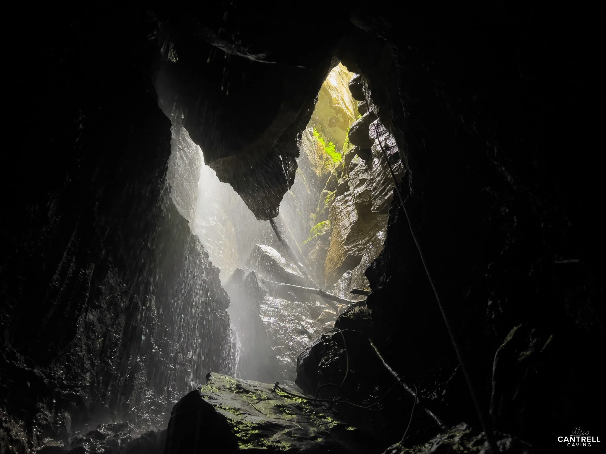 View from inside a dark cave looking out at sunlight and greenery through an opening, with wet, rocky surfaces and water trickling down.