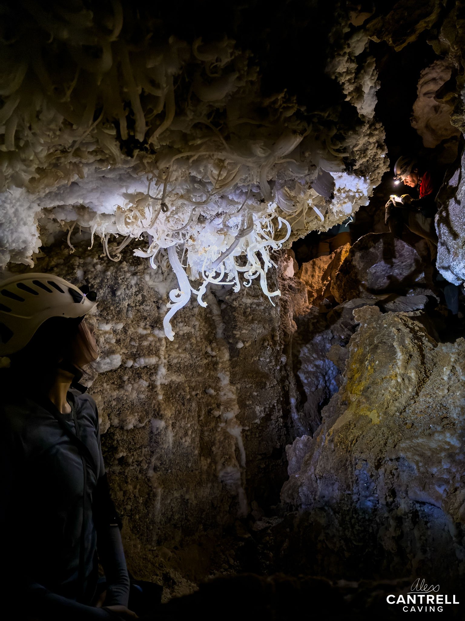 Two cavers exploring a cave with intricate formations on the ceiling. One caver is illuminated by a headlamp, highlighting the cave's natural features.