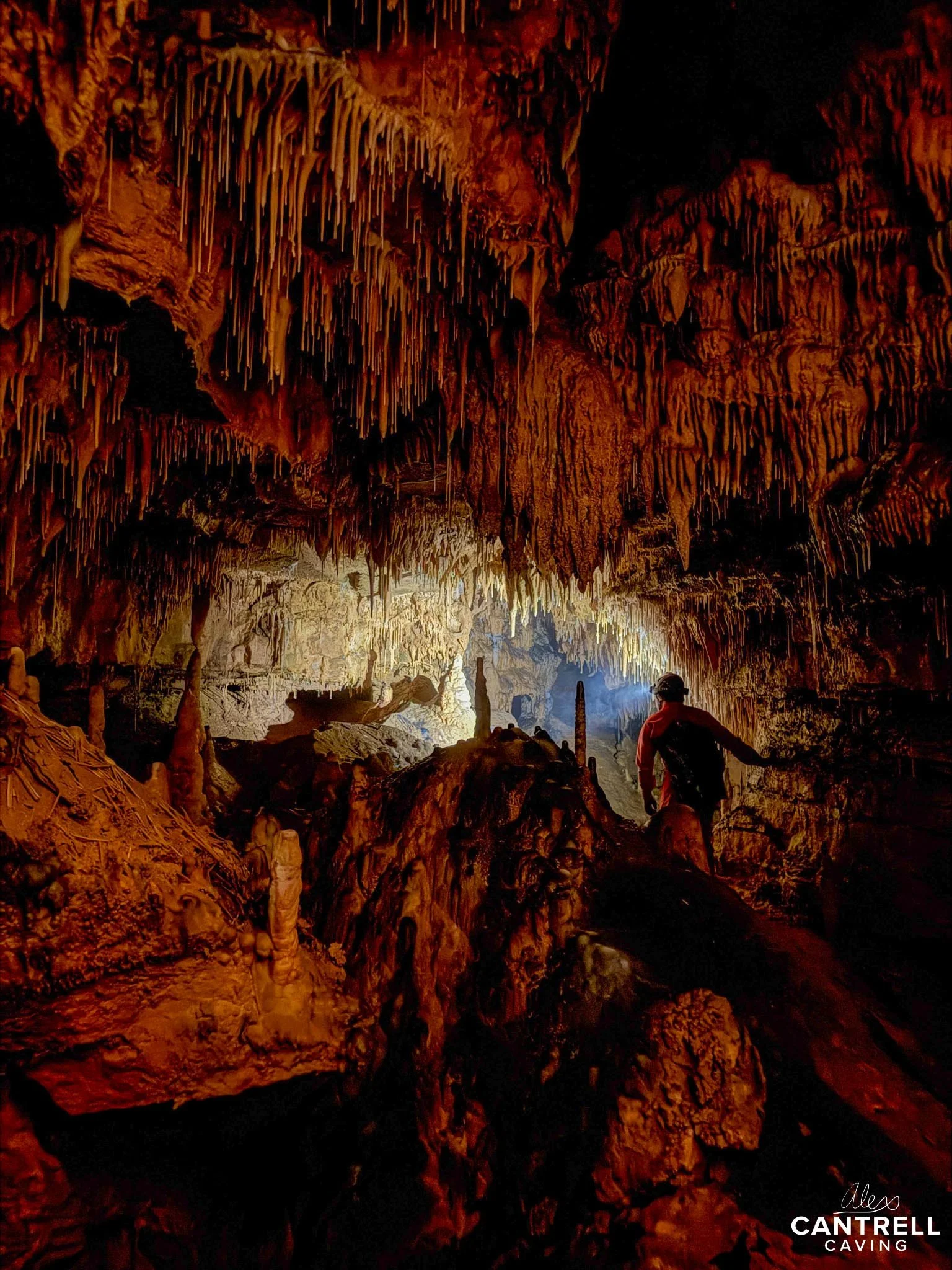 Cave interior with stalactites hanging from the ceiling and a person exploring with a flashlight. The cave is dimly lit, highlighting the natural rock formations.