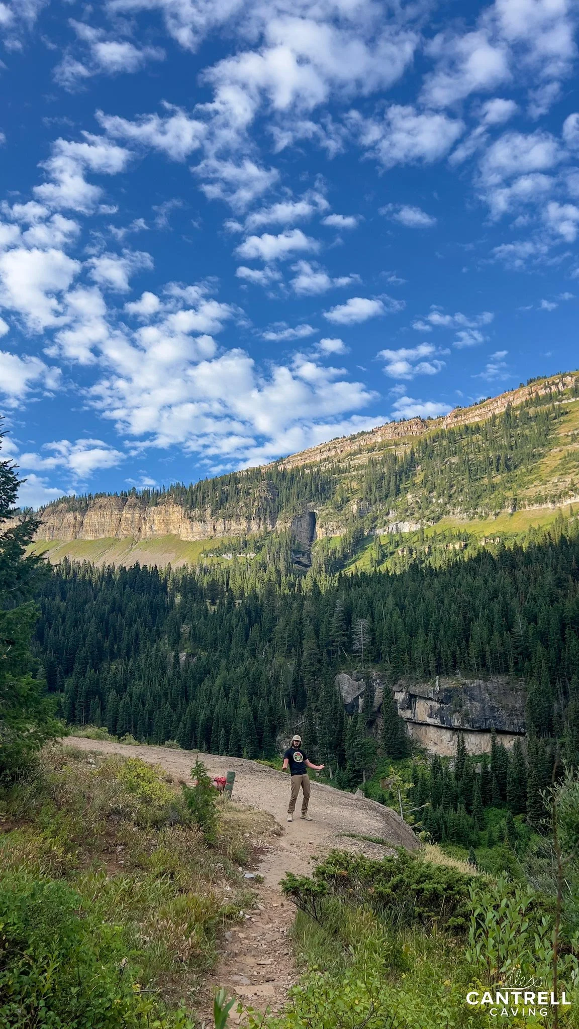 Hiker standing on a dirt trail with green bushes, trees, and a rocky cliffside under a blue sky with clouds.