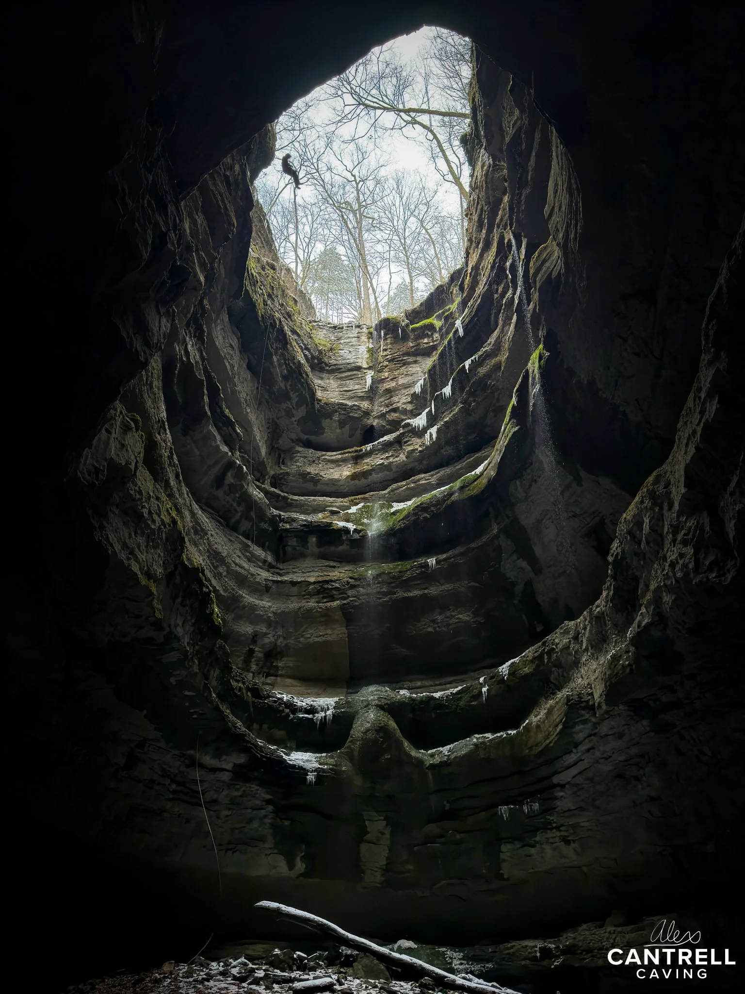 Cave entrance with a person rappelling down, showcasing layered rock formations and icicles, with a view of trees above.