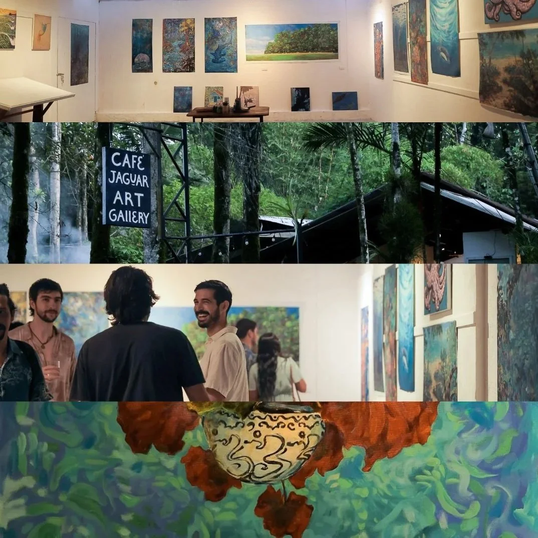 Café Jaguar Art Gallery in Playa Chiquita, Costa Rica, showing Daniel Wesson's paintings