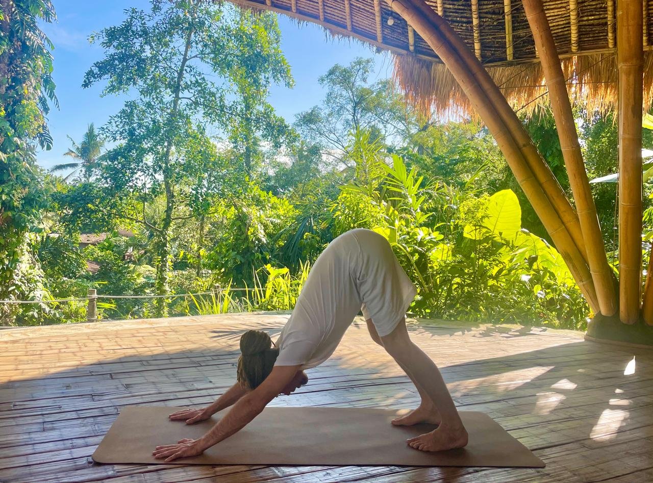 Man practising Downward Dog pose outdoors surrounded by nature