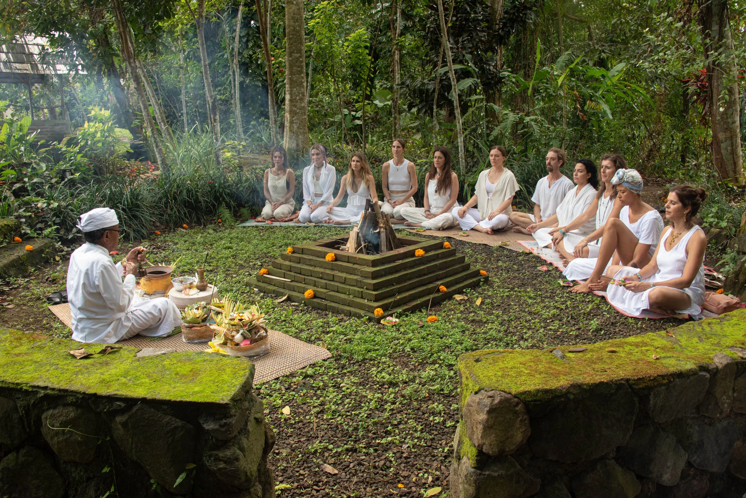 Group meditation session at SKY Yoga and Meditation eco-village in Ubud, honouring Galungan and Kuningan as expressions of dharma and spiritual awareness in daily Yoga practice.