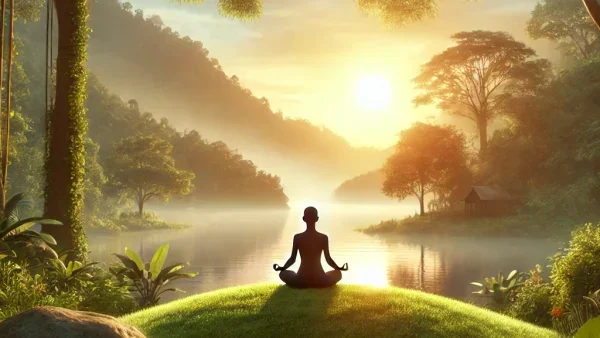 Silhouette of a person in seated meditation with hands in mudra, surrounded by a natural outdoor setting