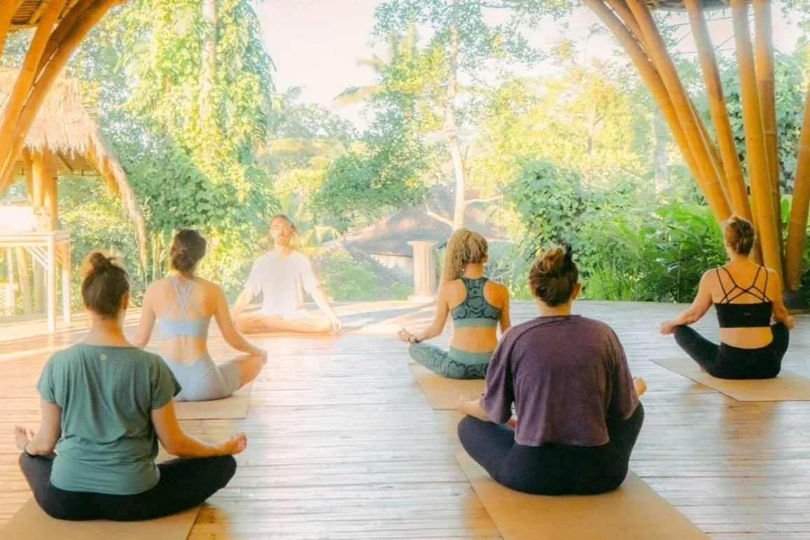 Meditation session during the 200-hour Yoga Teacher Training at SKY Yoga and Meditation in Bali — the most authentic Yoga Teacher Training integrating traditional Hatha Yoga philosophy, mindfulness, and meditation for deep inner awareness.