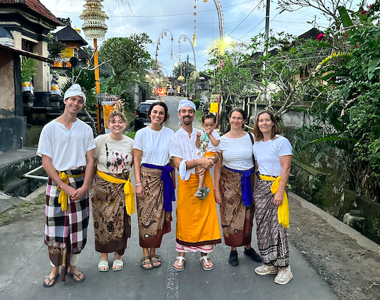 Sunrise over Pejeng village in Ubud with penjor lining the roads, marking Galungan and Kuningan — a sacred time for reflection, Yoga, and community at SKY Yoga and Meditation.”
