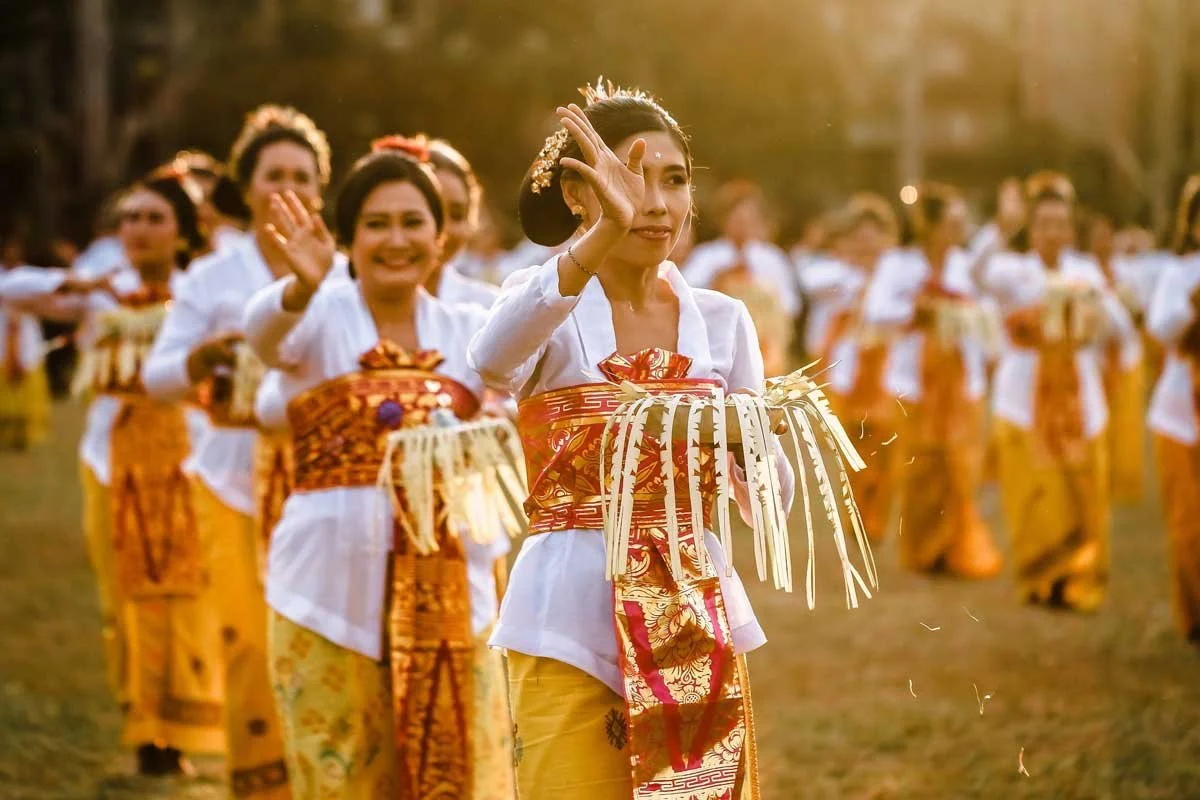 Sunrise over Pejeng village in Ubud with penjor lining the roads, marking Galungan and Kuningan — a sacred time for reflection, Yoga, and community at SKY Yoga and Meditation.”