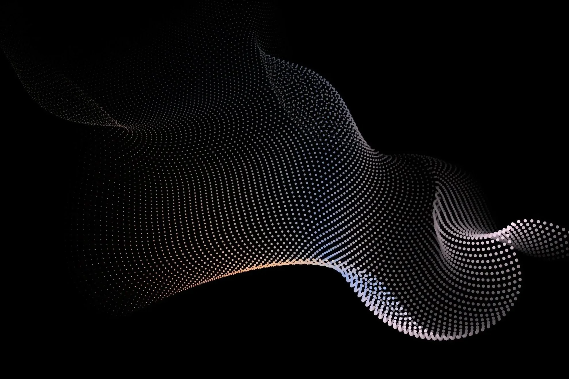 Abstract digital art of a wavy, flowing shape made of small white dots on a black background.