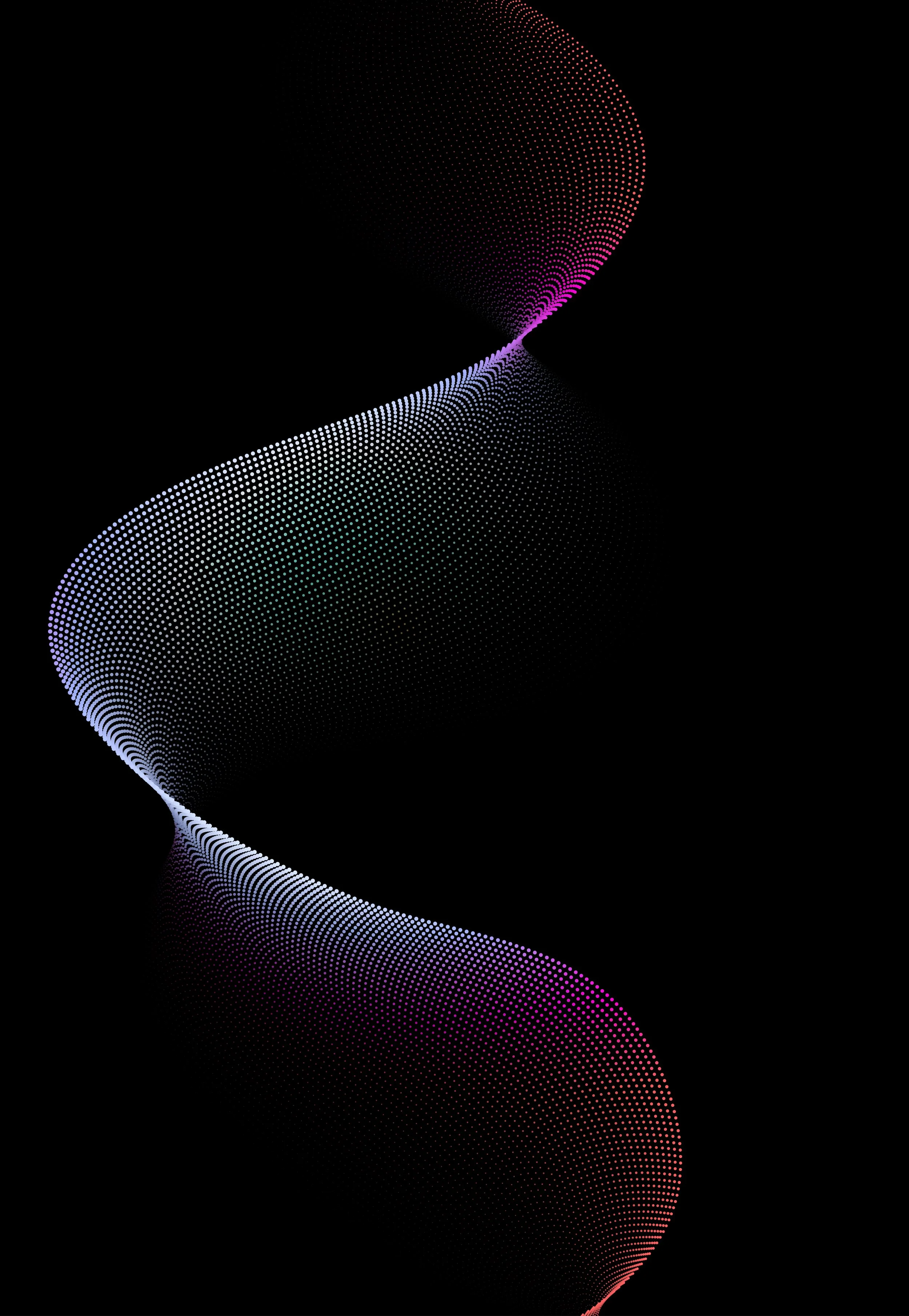 Abstract digital artwork of a flowing, dotted, ribbon-like shape in purple, blue, and pink hues against a black background.