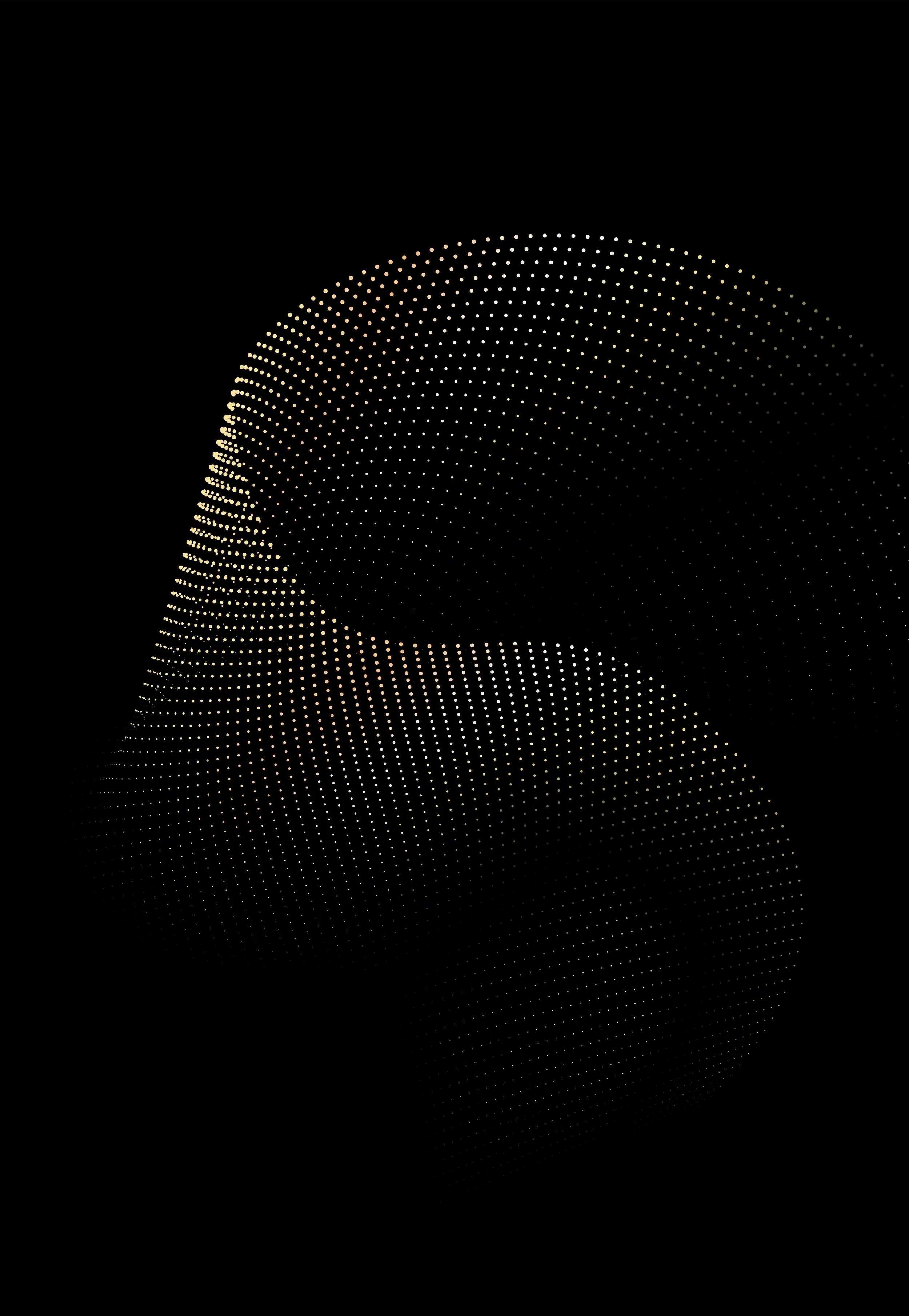 Abstract digital art featuring two interconnected 3D sphere shapes made up of small white dots on a black background.