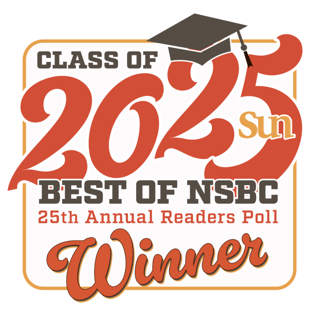 A badge celebrating the class of 2023 Sun Best of NSBC, with a graduation cap, large orange numbers "2023," and the word "Winner" in orange cursive.