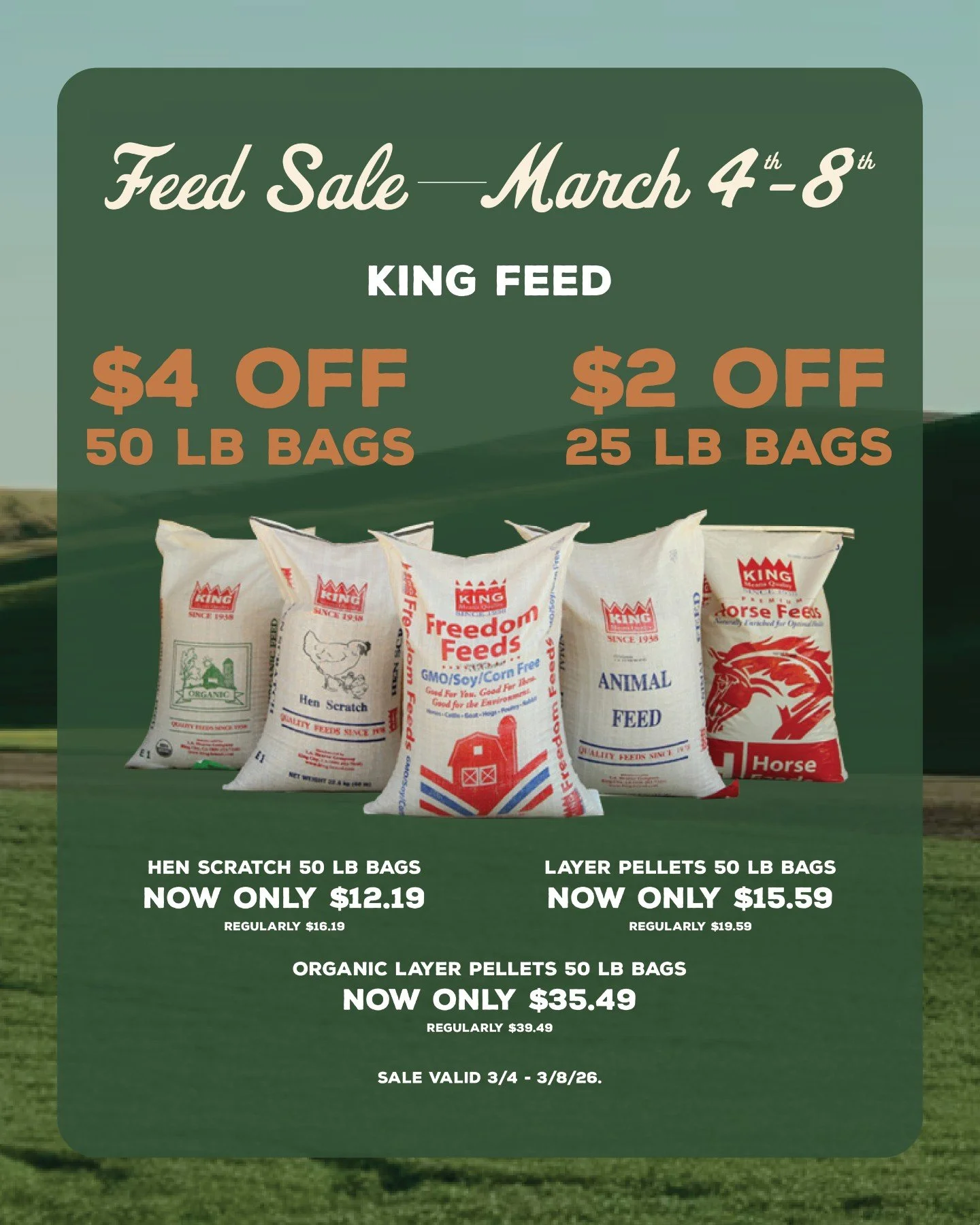 From backyard coops to full pastures ~ we&rsquo;ve got you covered! 🐄💚🐓 Our Feed Sale is happening now!

#kingfeed #mountainsunrise #totalequine #mypetsayslemos #centralcoast