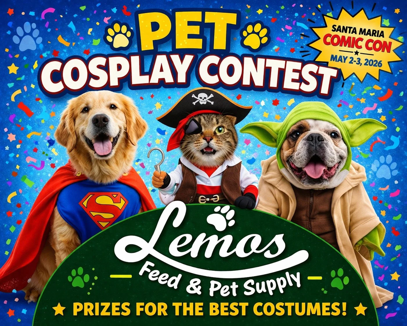 Calling all pet superheroes, villains, and cosplay cuties! 🎭🐾 This Saturday, bring your furry (or scaly or feathery!) friend to the Lemos Booth at Santa Maria ComicCon and show off their best costume! Snap pics, meet fellow pet lovers, and let your