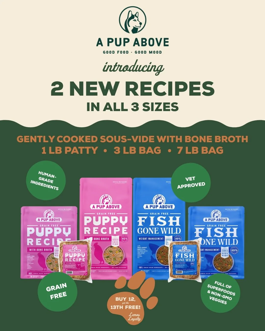 📣TWO NEW @apupabove flavors just hit the freezers!

Fish Gone Wild: made with 89% wild caught pollock &amp; great for weight management

Puppy Recipe: made with 92% cage free chicken &amp; perfect for puppies up to 12 months

Try them during our Ann