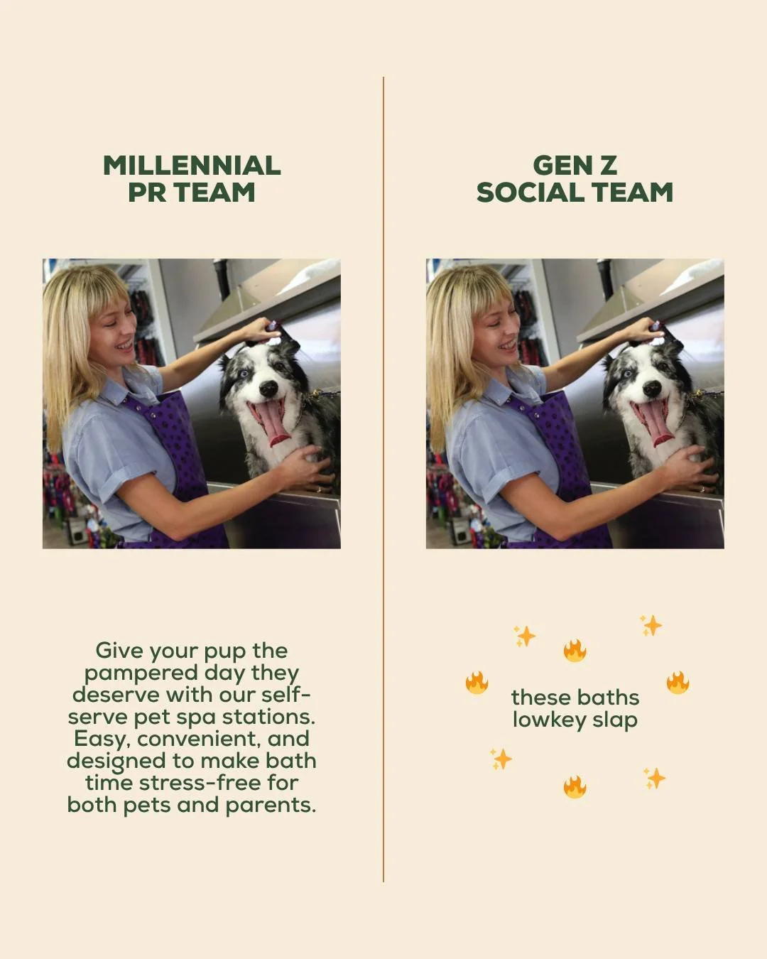 No matter your age ~ we're here for you &amp; your pets! 🤗

#petspa #millennialvsgenz #millennial #genz #mypetsayslemos